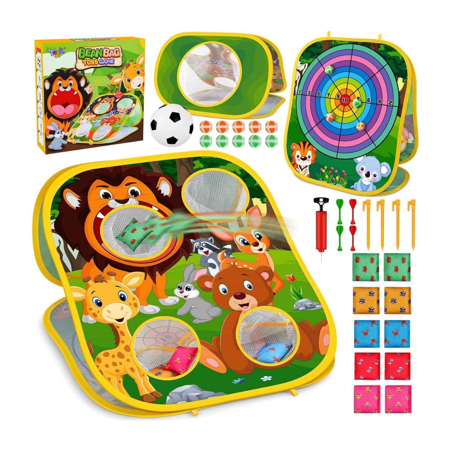 juego de lanzamiento 3 en 1 con tablero de saquitos, diana de dardos y accesorios para niños