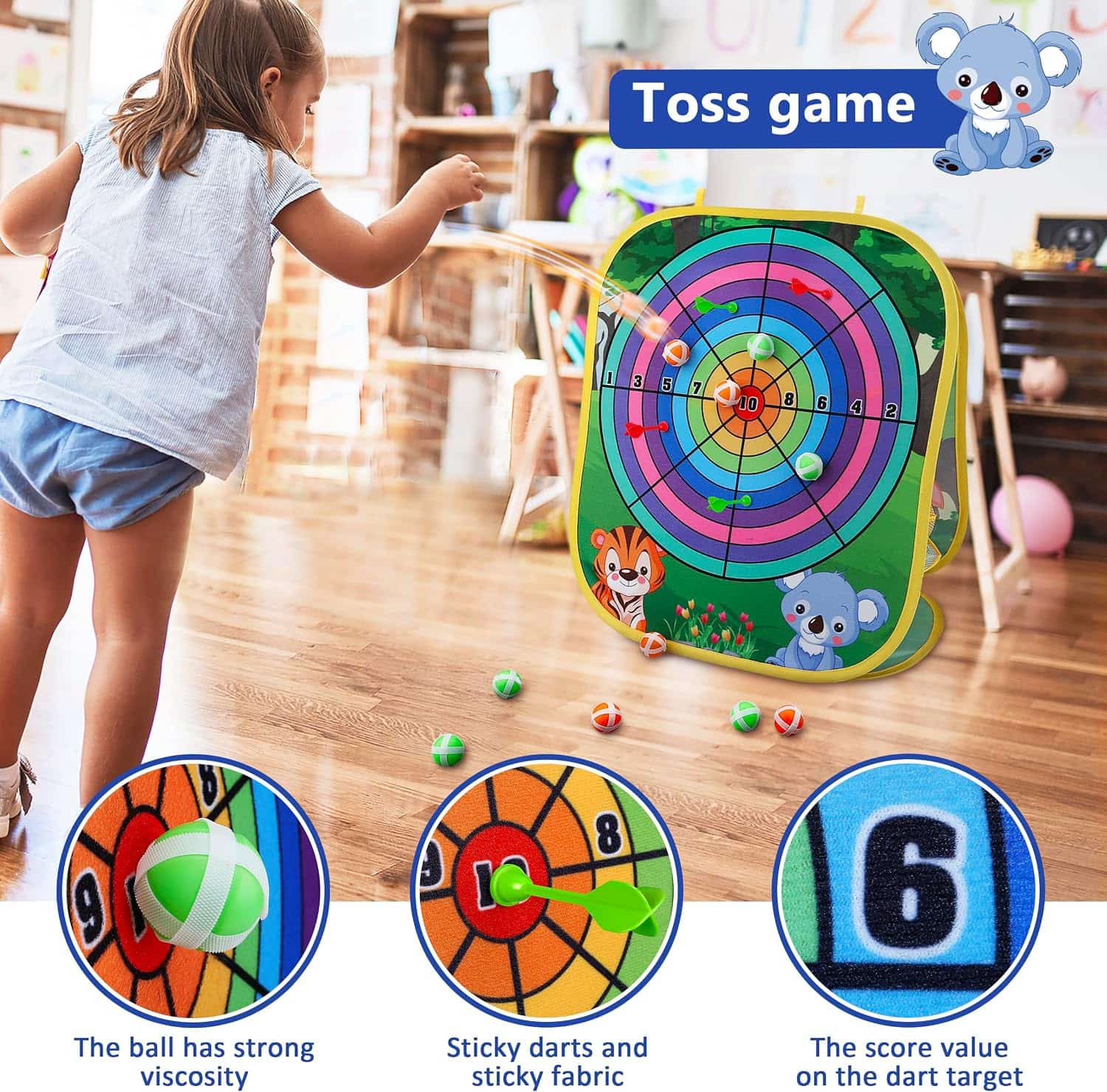juego de lanzamiento 3 en 1 con tablero de saquitos, diana de dardos y accesorios para niños