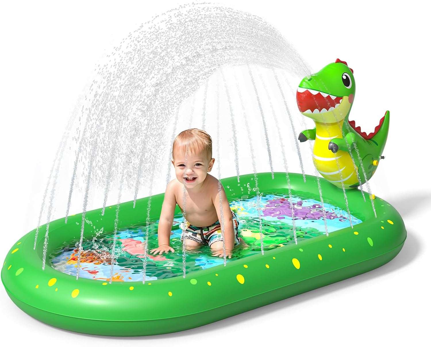 tapete de salpicaduras y piscina infantil con aspersor y diseño de dinosaurio para niños