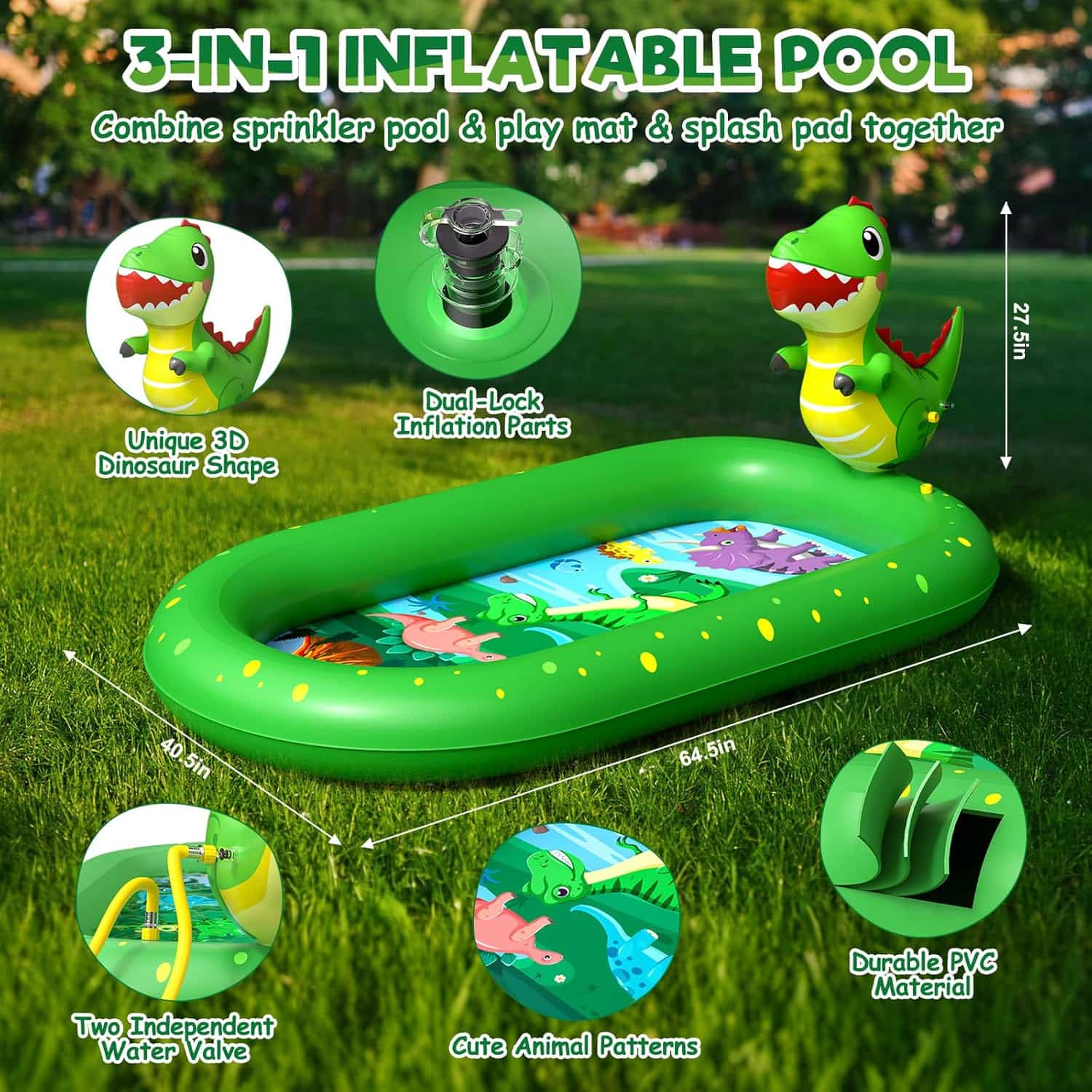 tapete de salpicaduras y piscina infantil con aspersor y diseño de dinosaurio para niños