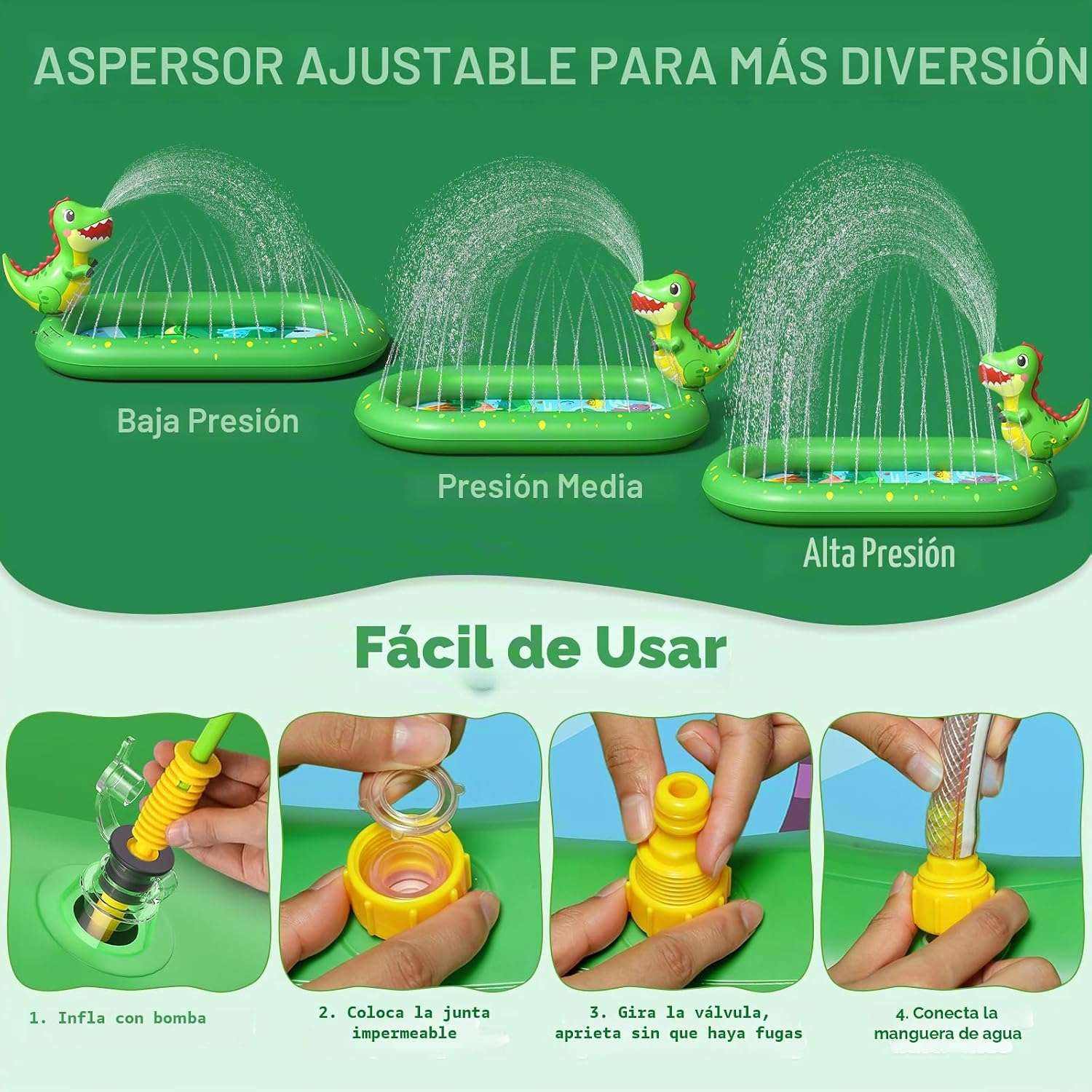 tapete de salpicaduras y piscina infantil con aspersor y diseño de dinosaurio para niños