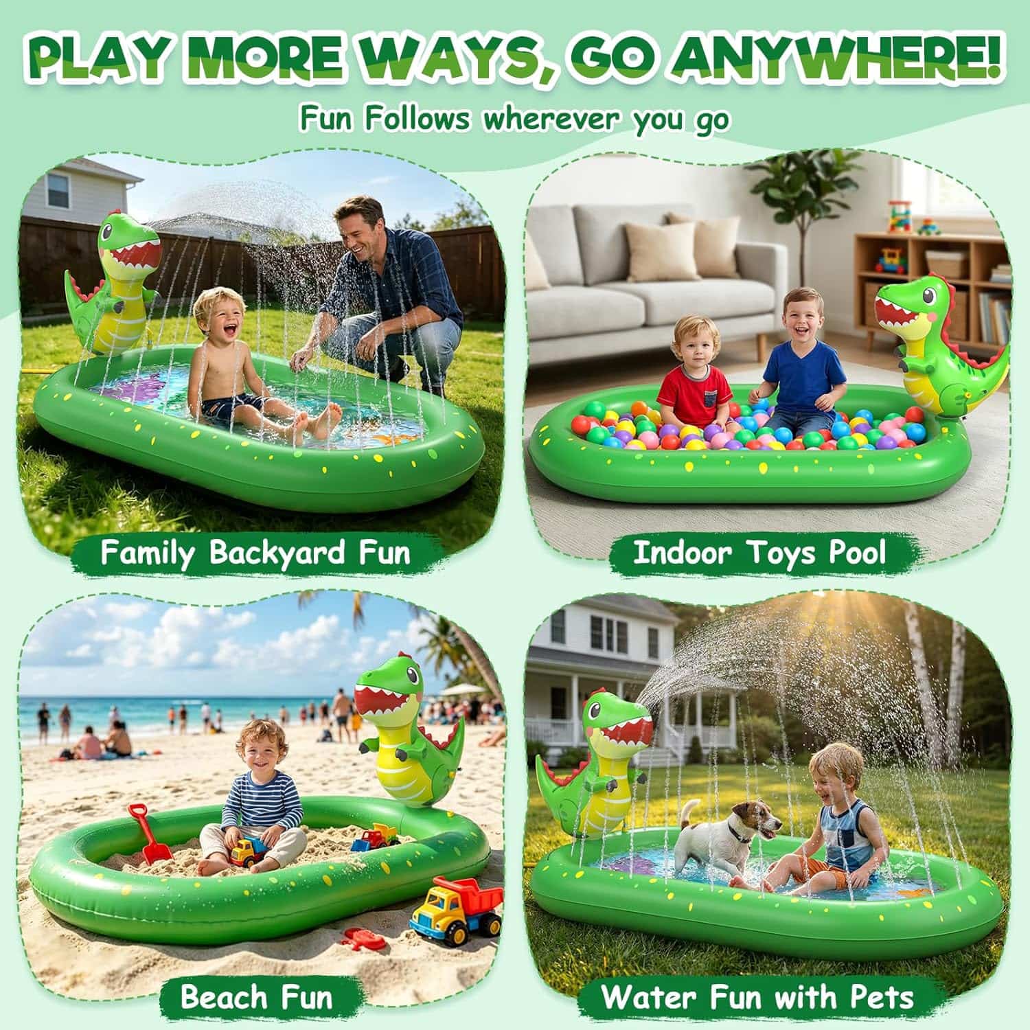 tapete de salpicaduras y piscina infantil con aspersor y diseño de dinosaurio para niños