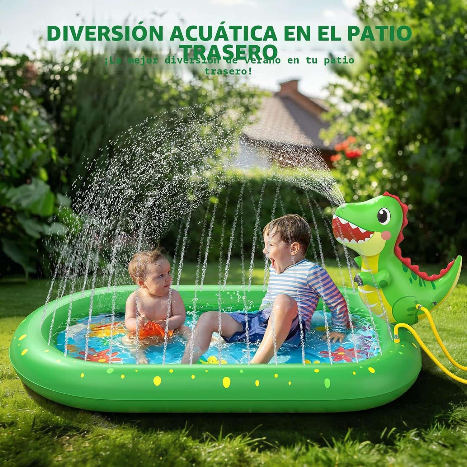 tapete de salpicaduras y piscina infantil con aspersor y diseño de dinosaurio para niños