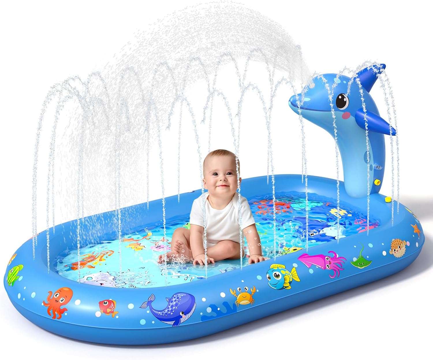 tapete de salpicaduras y piscina infantil con aspersor y diseño de dinosaurio para niños