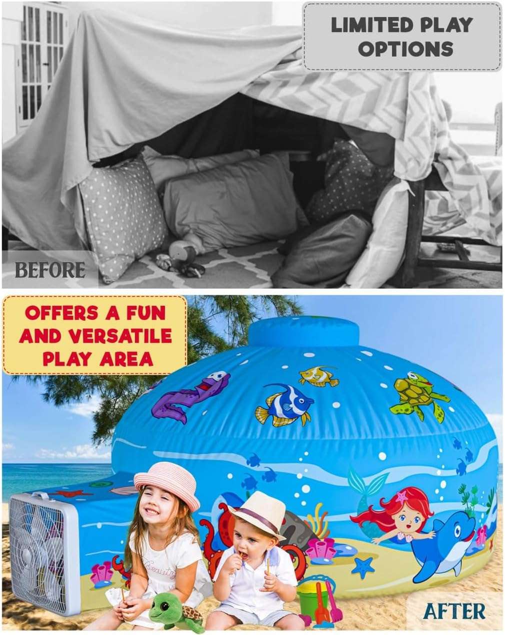 tienda de campaña inflable de aire con diseño marino y oceánico para niños