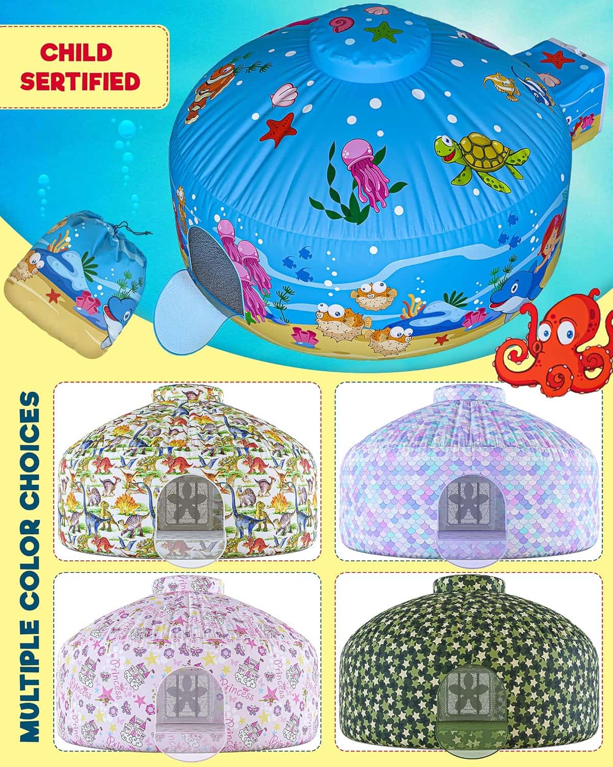 tienda de campaña inflable de aire con diseño marino y oceánico para niños