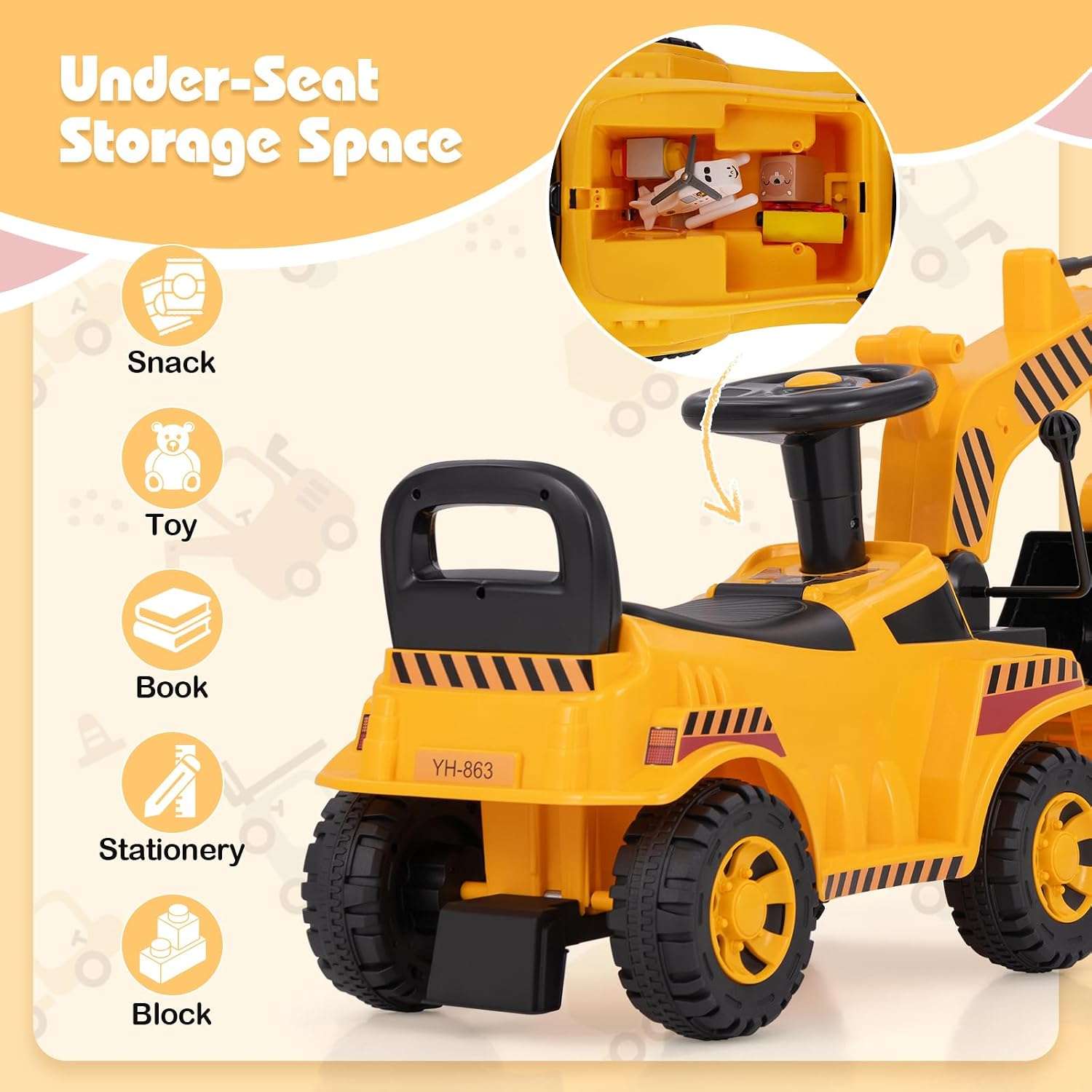 excavadora de juguete montable con pala funcional y almacenamiento para niños pequeños