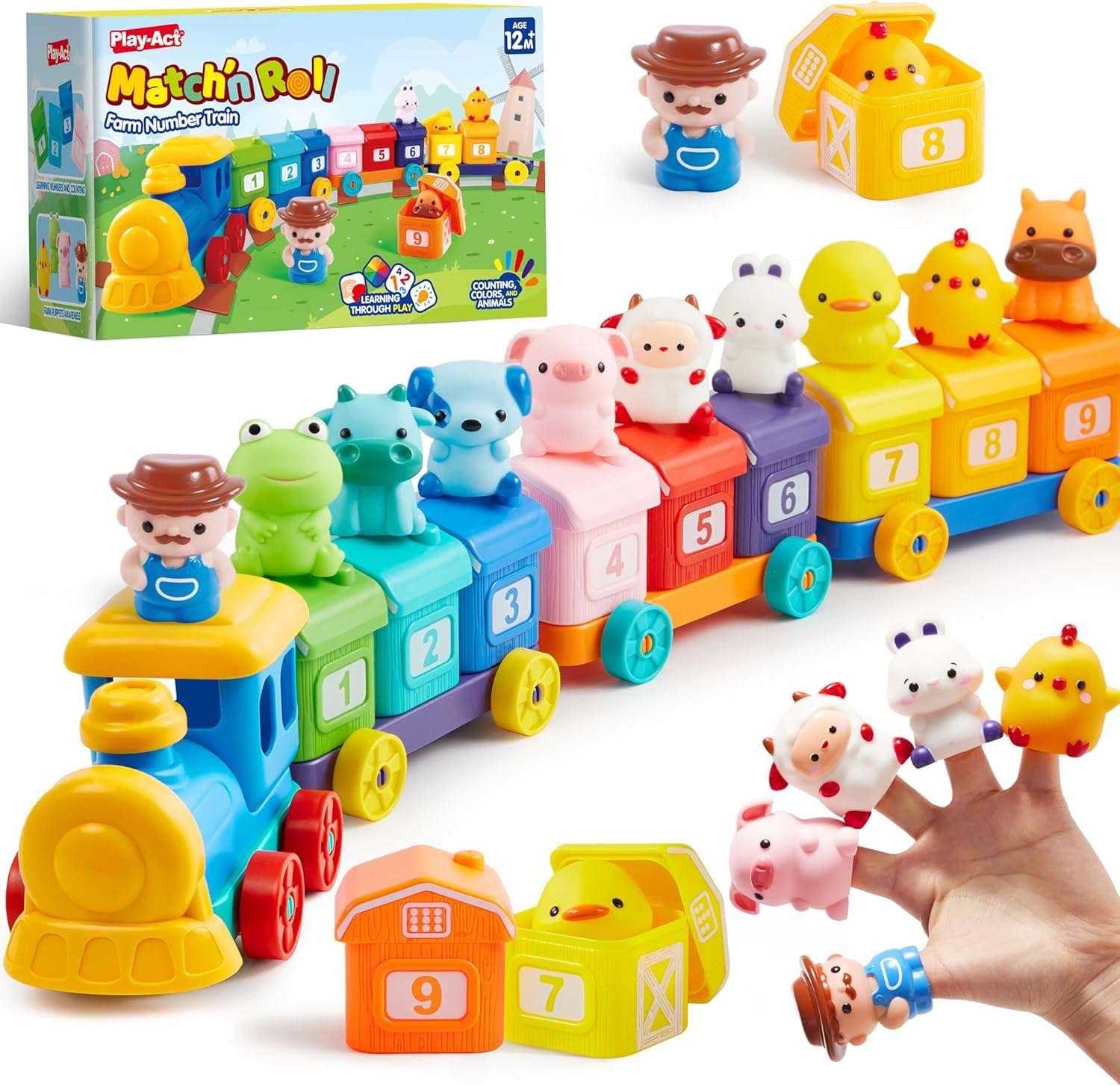 tren de juguete montessori con graneros numerados, vagones y animales de granja para niños