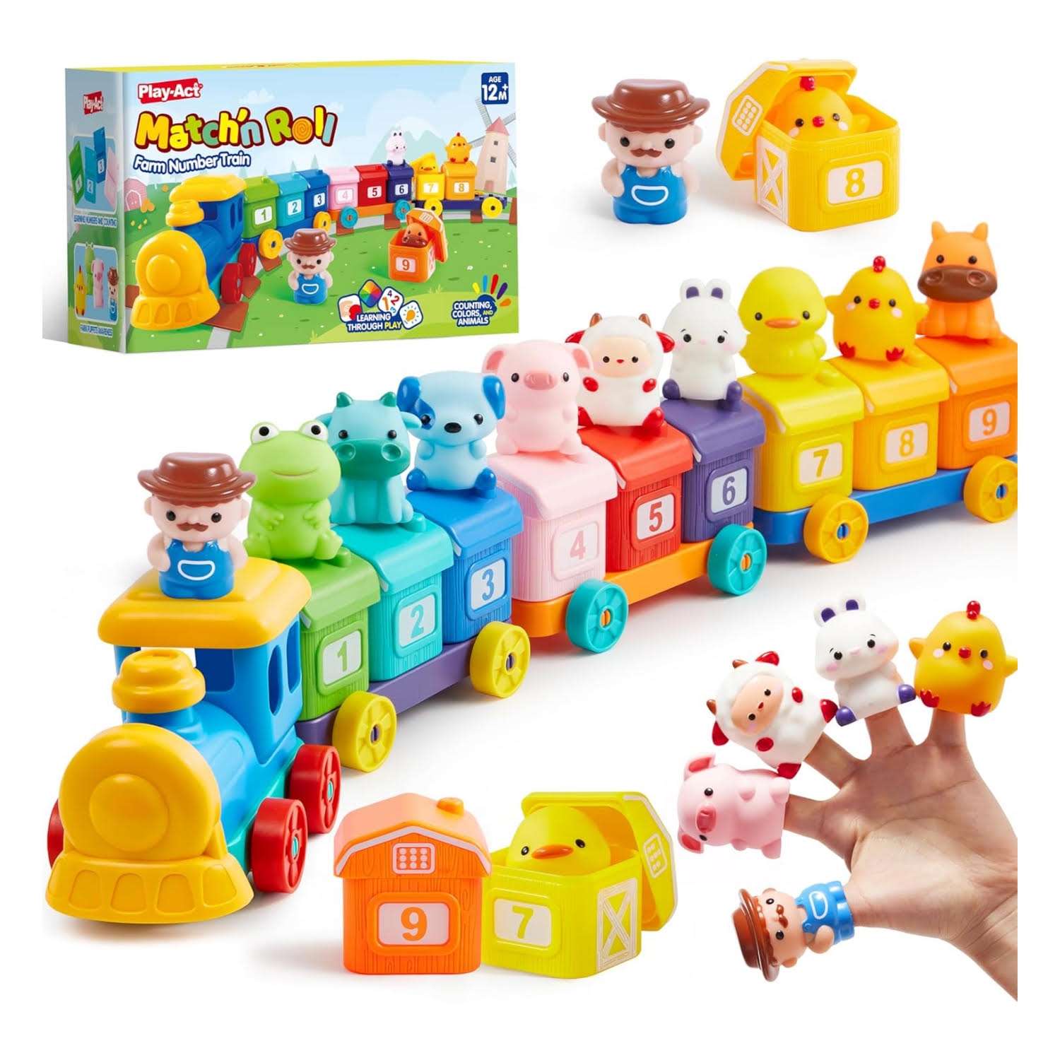 tren de juguete montessori con graneros numerados, vagones y animales de granja para niños