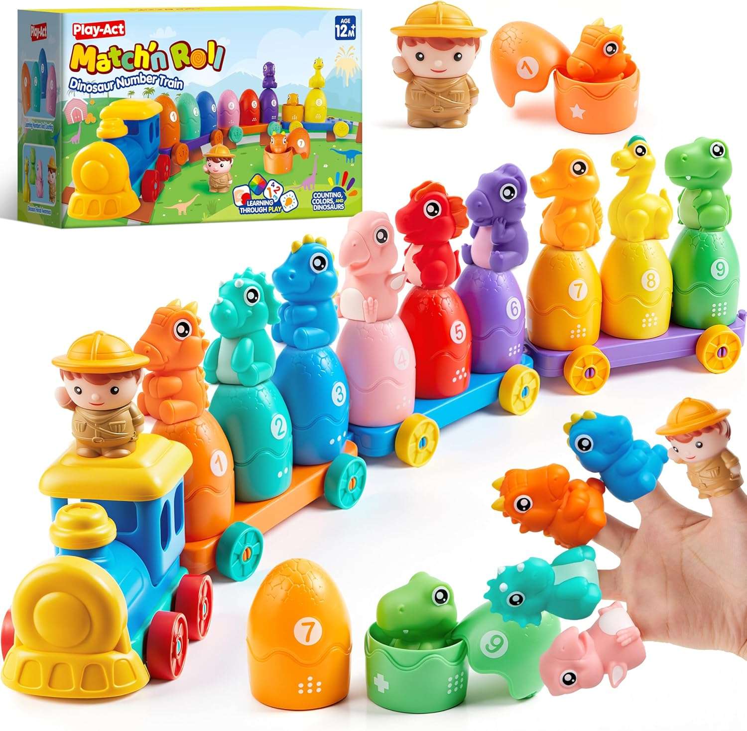 tren de juguete montessori con graneros numerados, vagones y animales de granja para niños