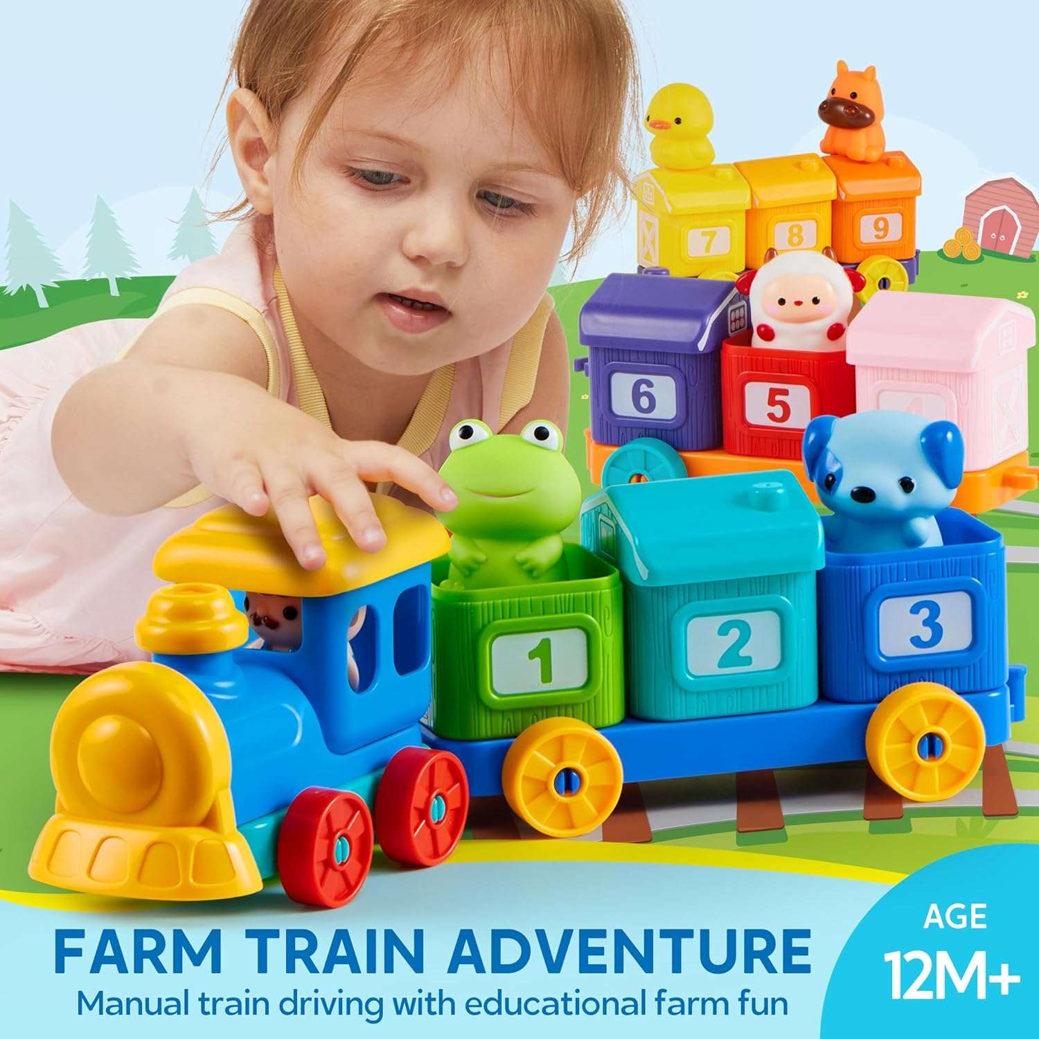tren de juguete montessori con graneros numerados, vagones y animales de granja para niños