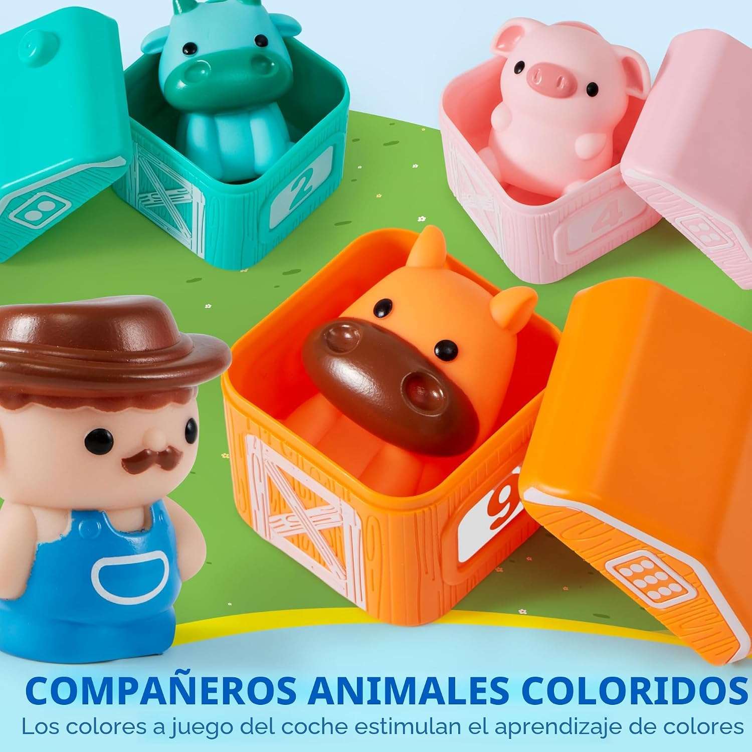 tren de juguete montessori con graneros numerados, vagones y animales de granja para niños