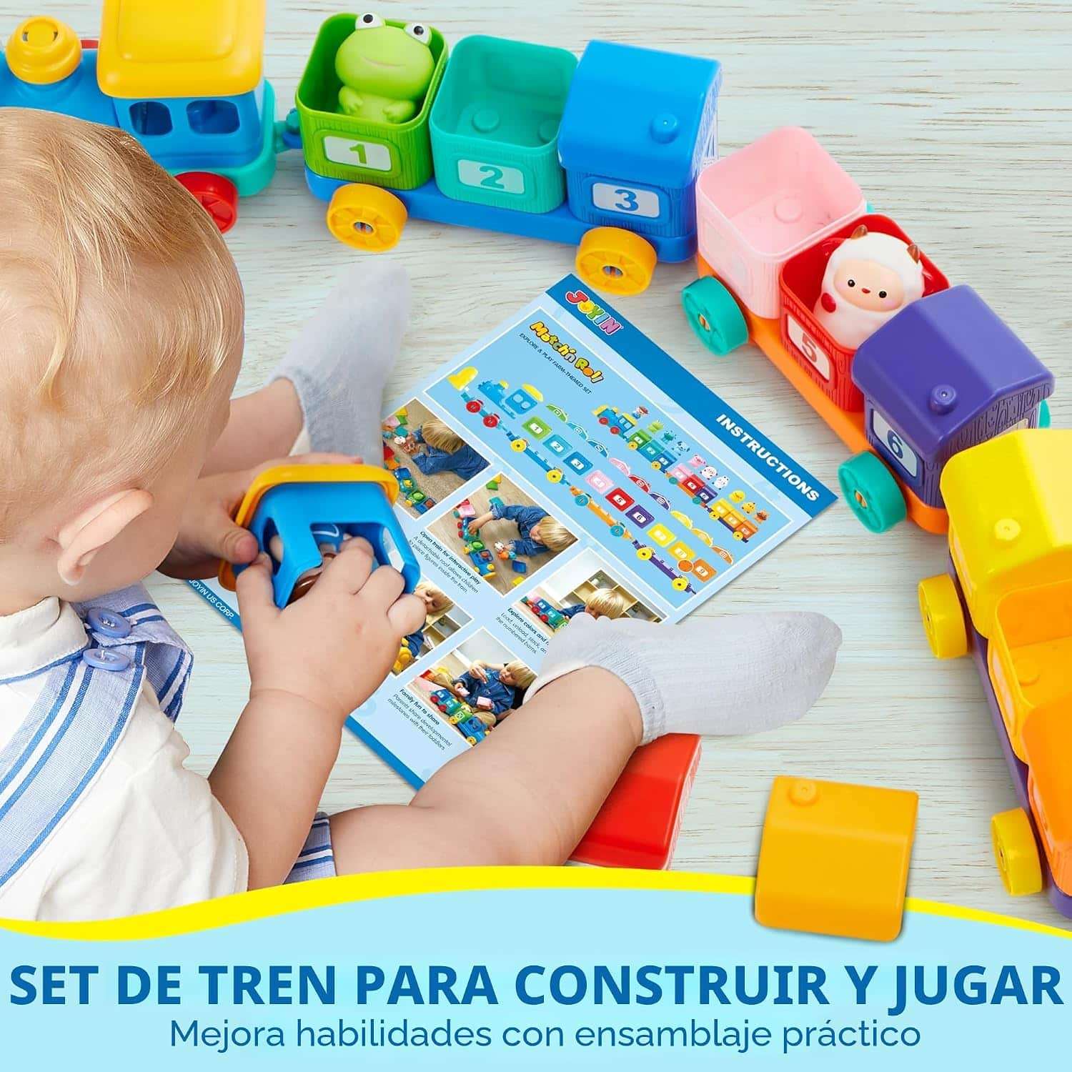 tren de juguete montessori con graneros numerados, vagones y animales de granja para niños