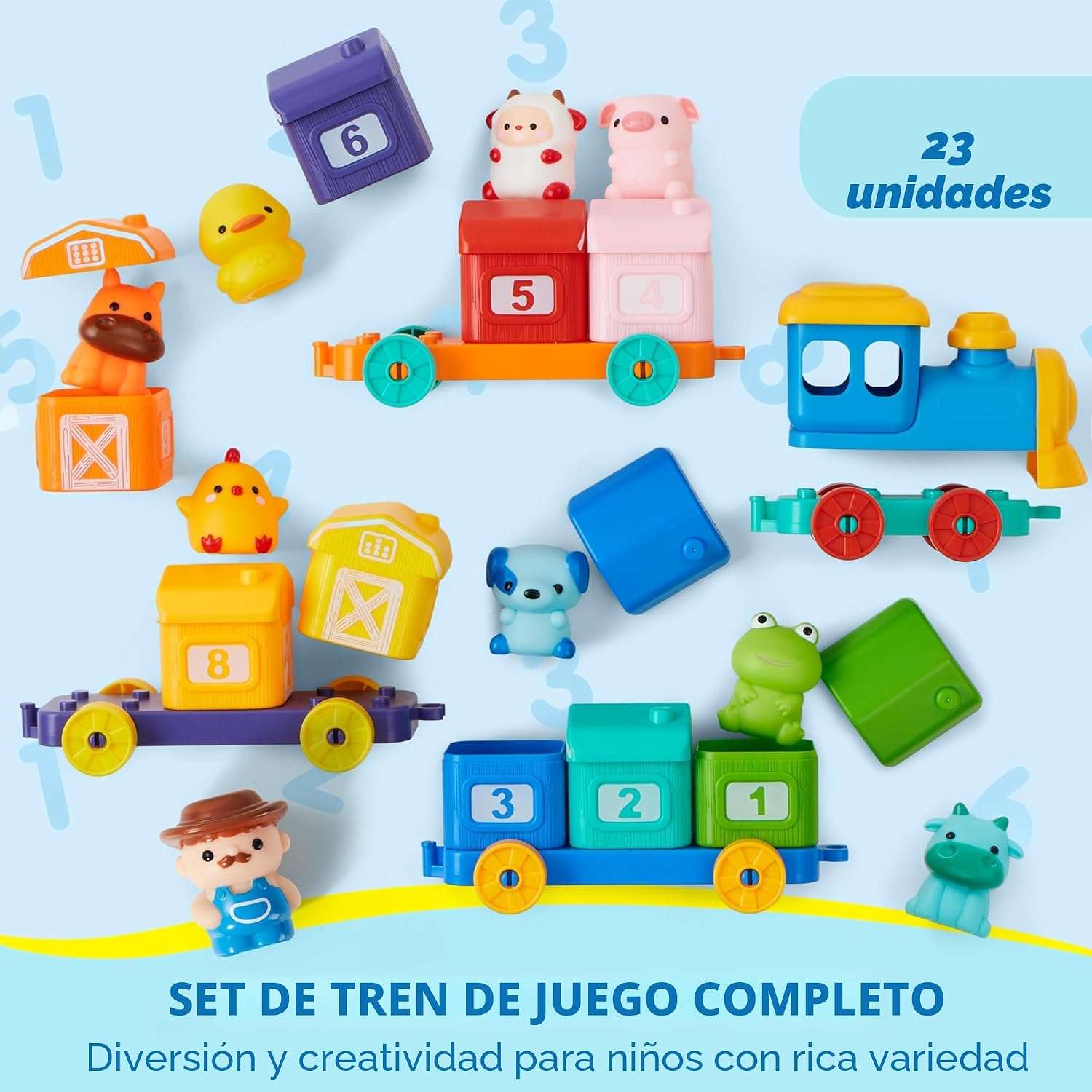 tren de juguete montessori con graneros numerados, vagones y animales de granja para niños