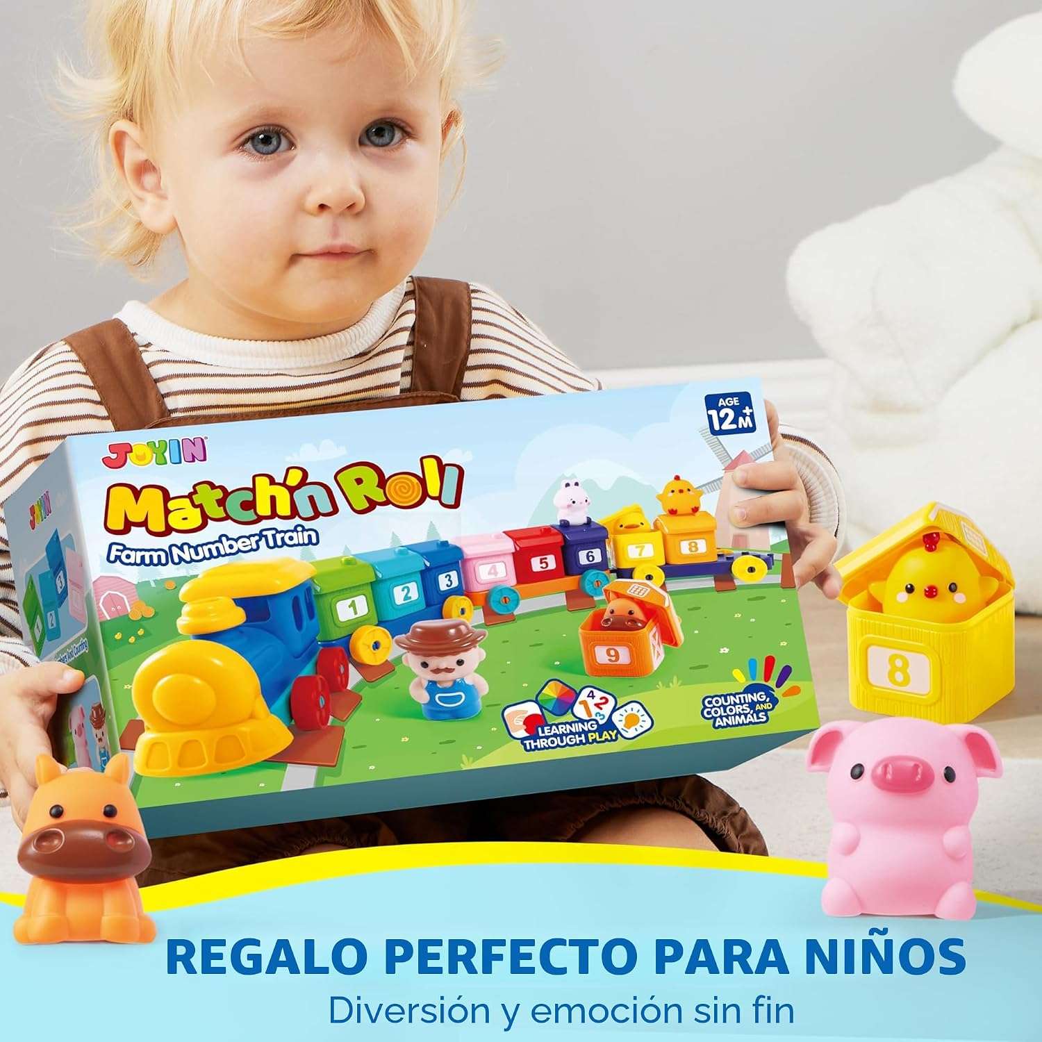 tren de juguete montessori con graneros numerados, vagones y animales de granja para niños