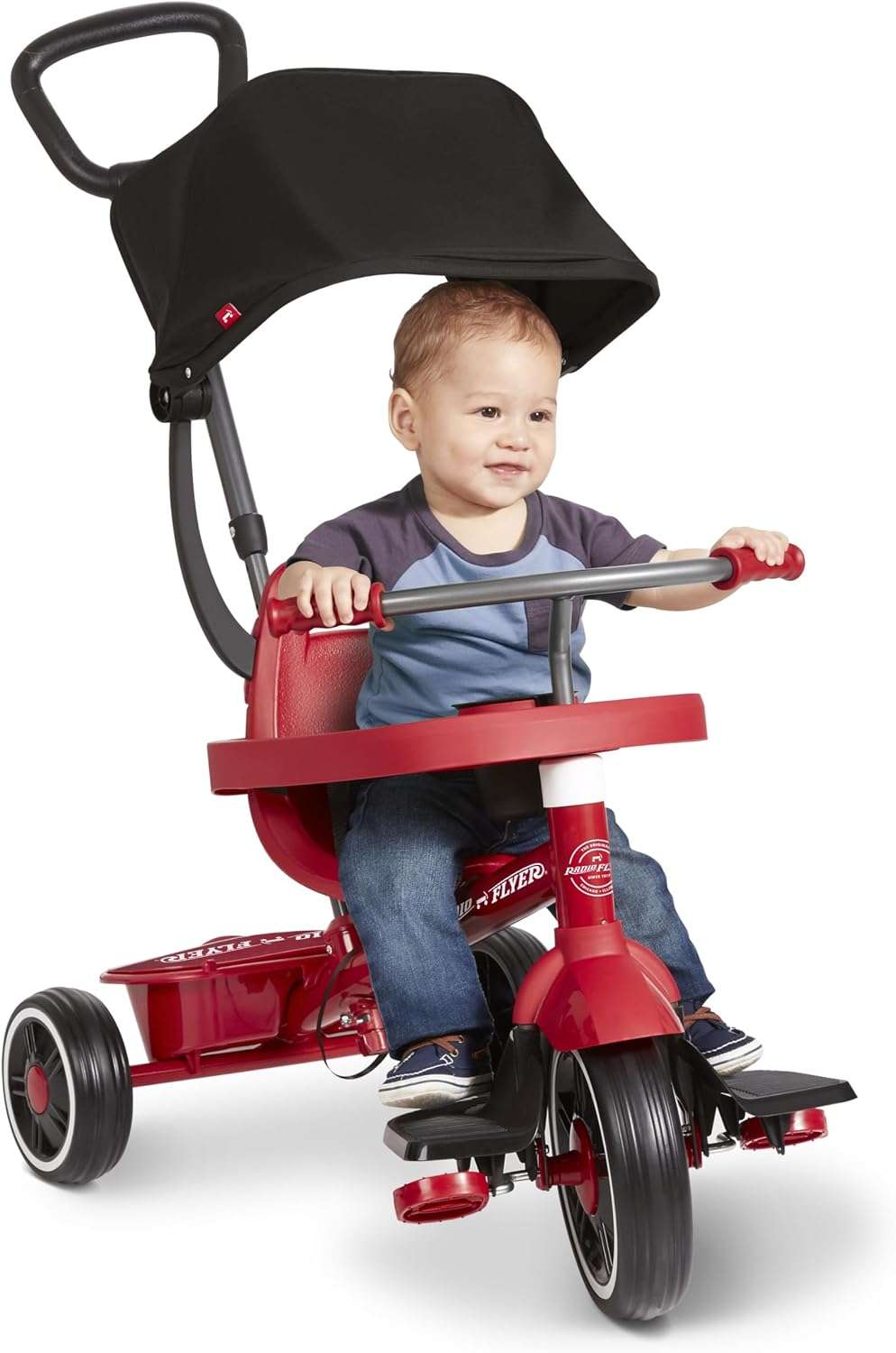 triciclo rojo evolutivo 4 en 1 Radio Flyer con toldo y asa de empuje para niños