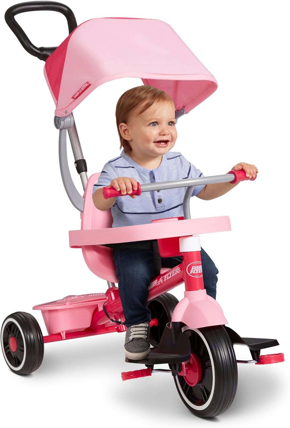 triciclo rojo evolutivo 4 en 1 Radio Flyer con toldo y asa de empuje para niños