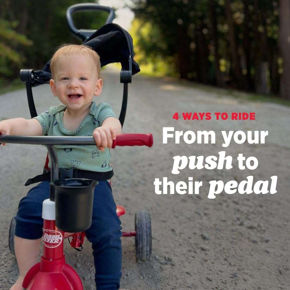 triciclo rojo evolutivo 4 en 1 Radio Flyer con toldo y asa de empuje para niños