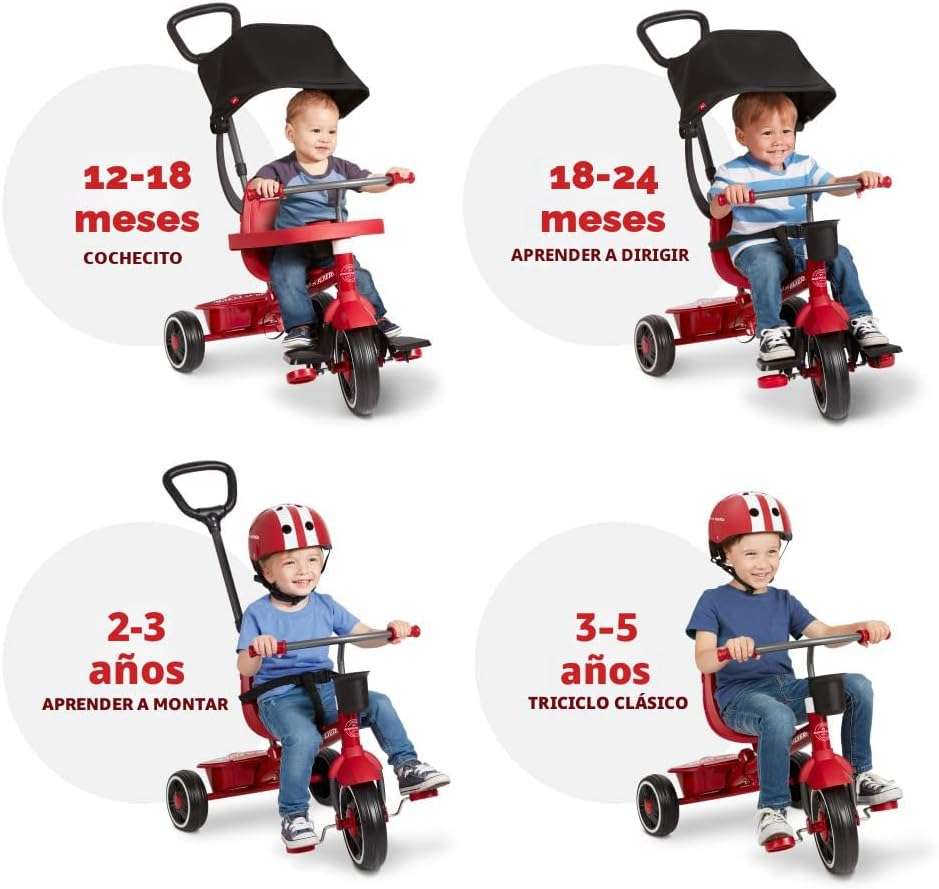 triciclo rojo evolutivo 4 en 1 Radio Flyer con toldo y asa de empuje para niños