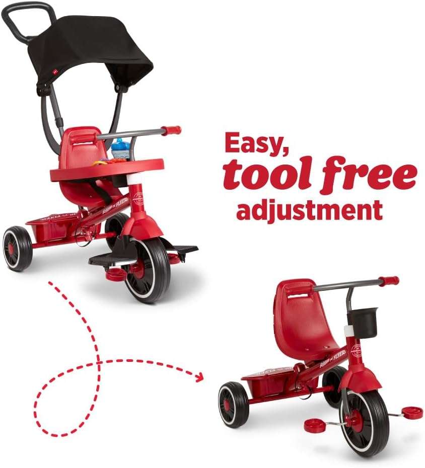 triciclo rojo evolutivo 4 en 1 Radio Flyer con toldo y asa de empuje para niños