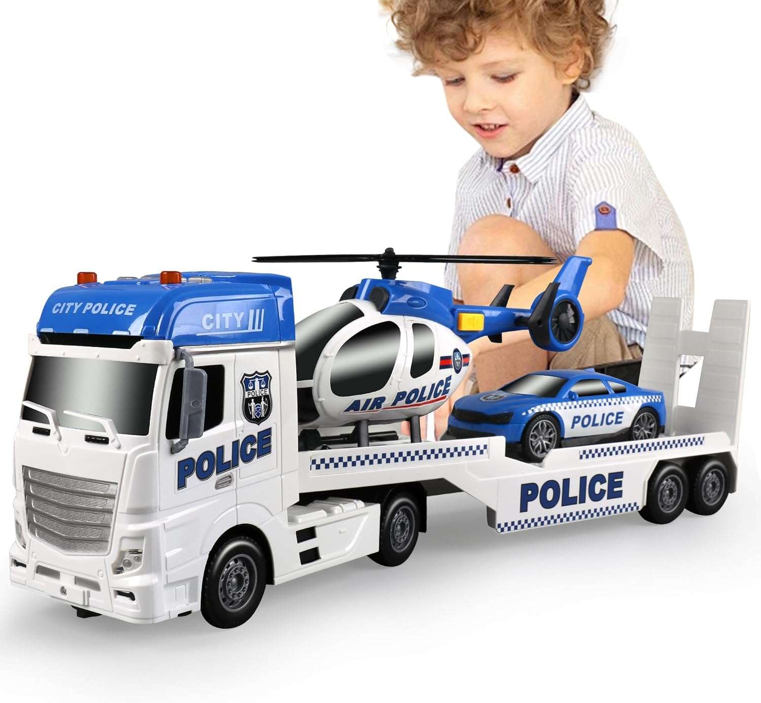 camión de transporte policial extralargo con helicóptero y auto de carreras con luces para niños