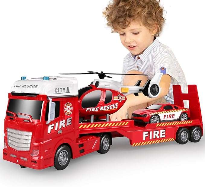 camión de transporte policial extralargo con helicóptero y auto de carreras con luces para niños