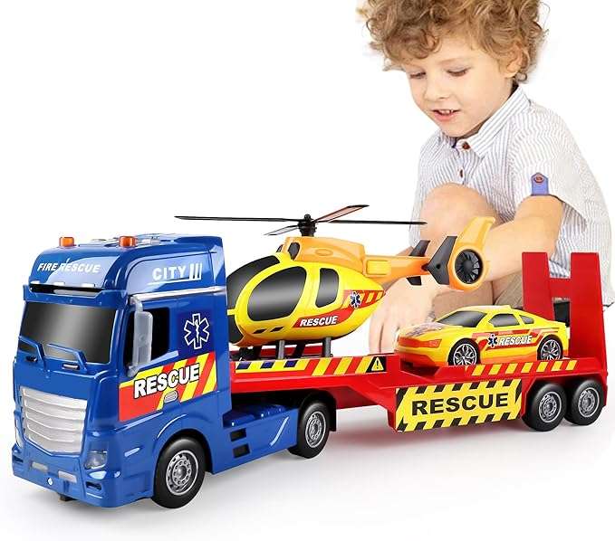 camión de transporte policial extralargo con helicóptero y auto de carreras con luces para niños