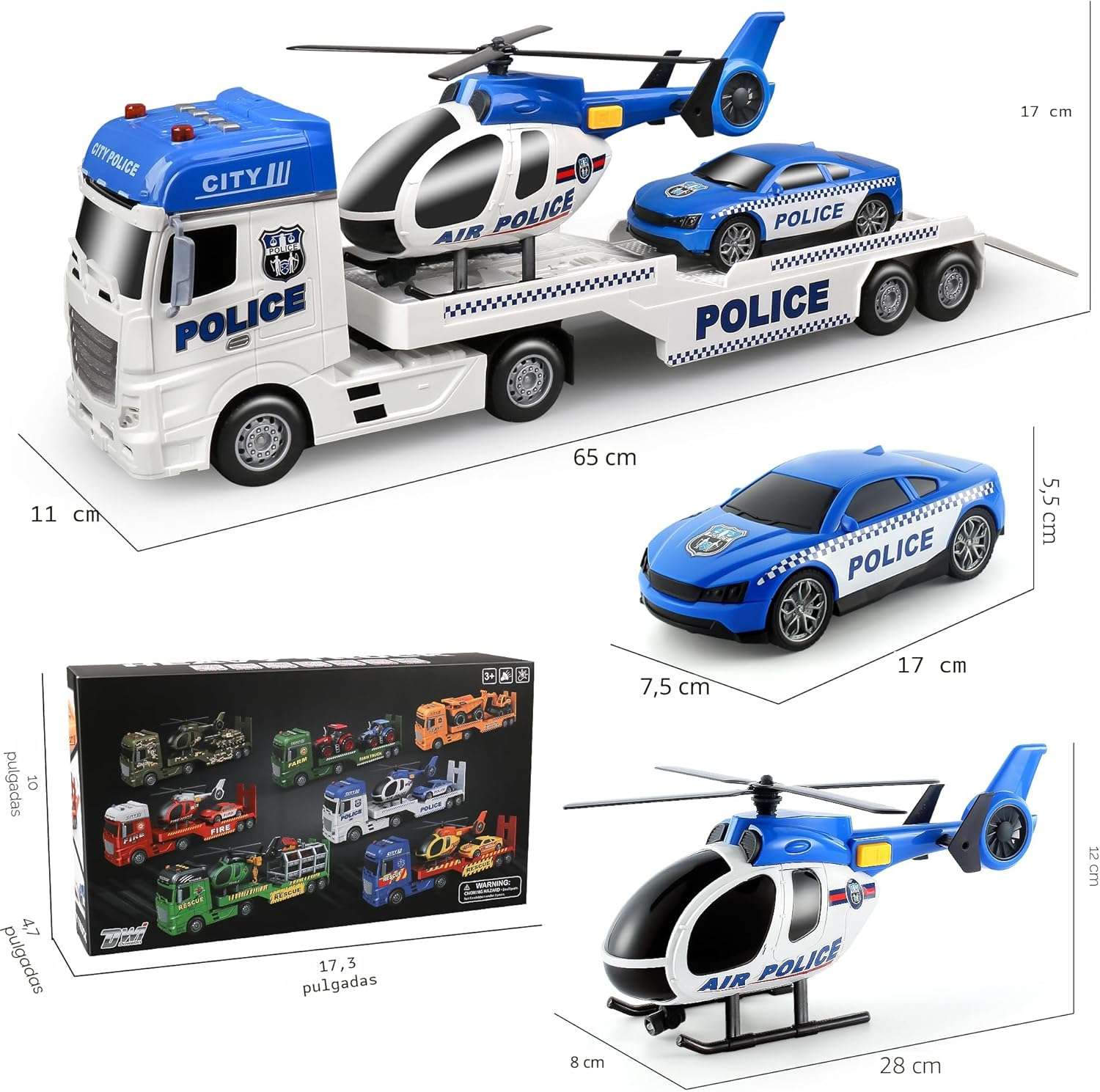 camión de transporte policial extralargo con helicóptero y auto de carreras con luces para niños