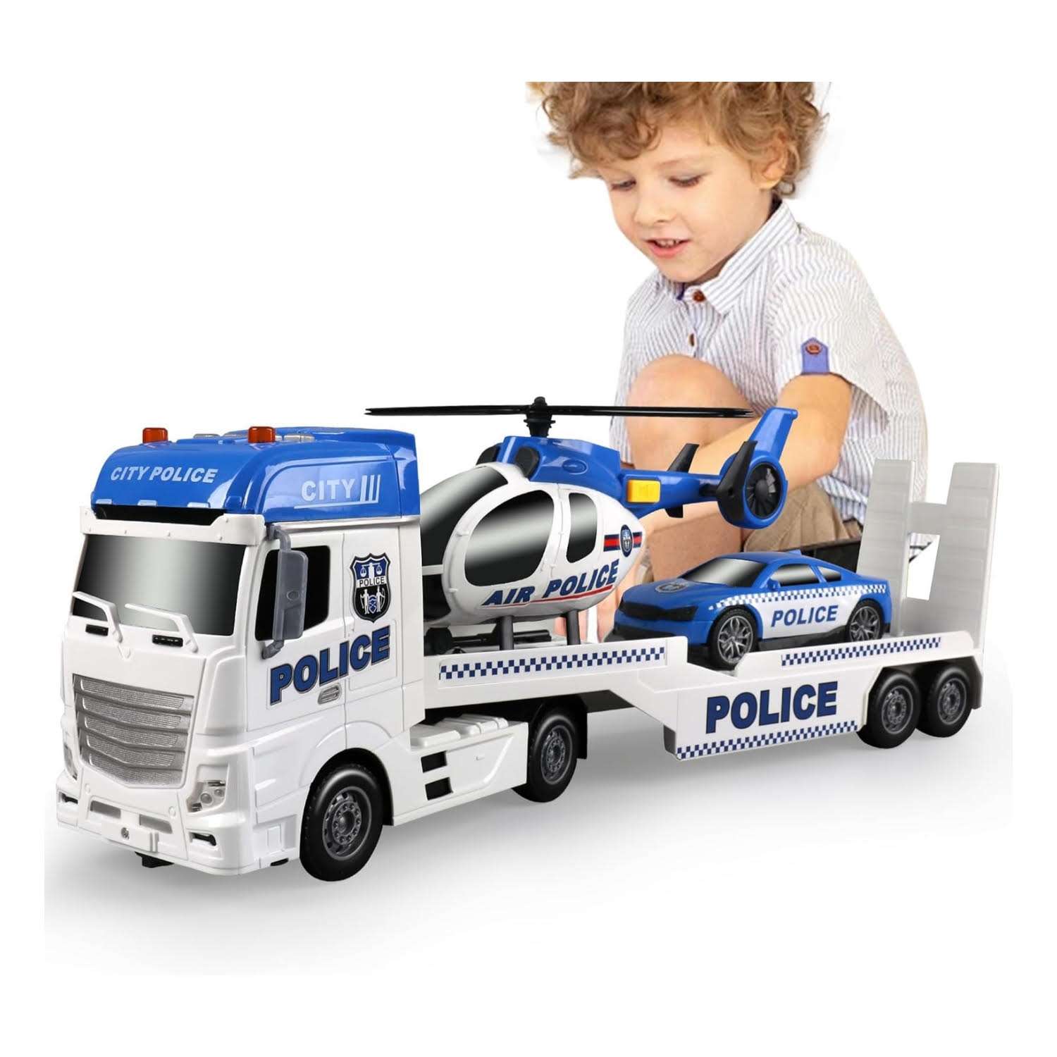 camión de transporte policial extralargo con helicóptero y auto de carreras con luces para niños