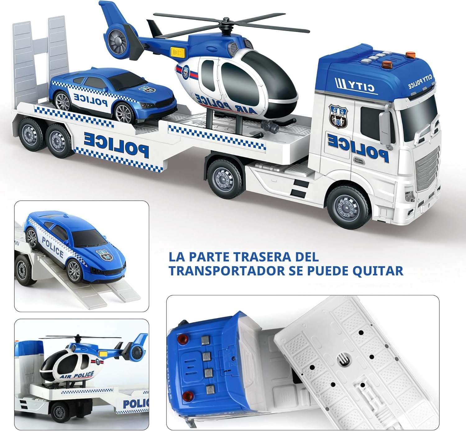 camión de transporte policial extralargo con helicóptero y auto de carreras con luces para niños