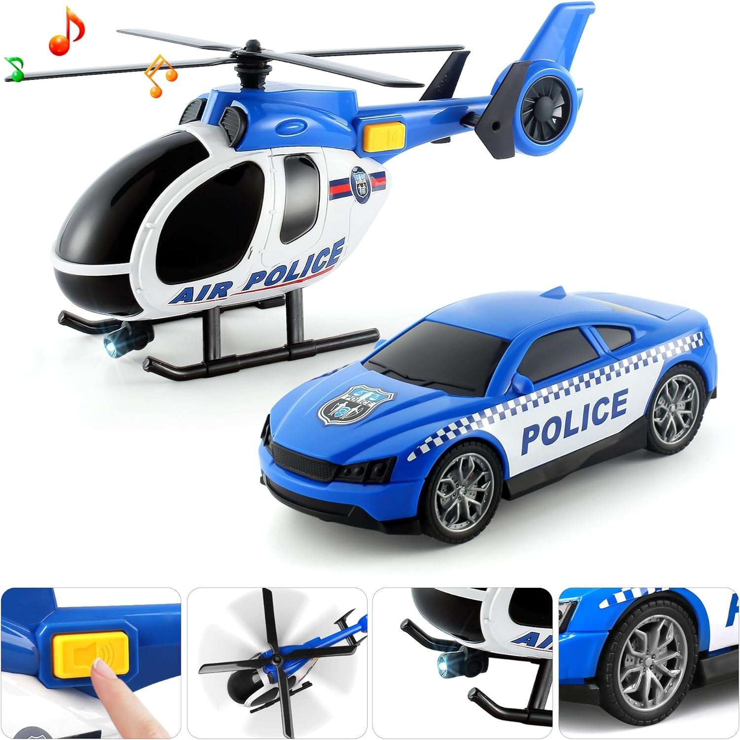 camión de transporte policial extralargo con helicóptero y auto de carreras con luces para niños
