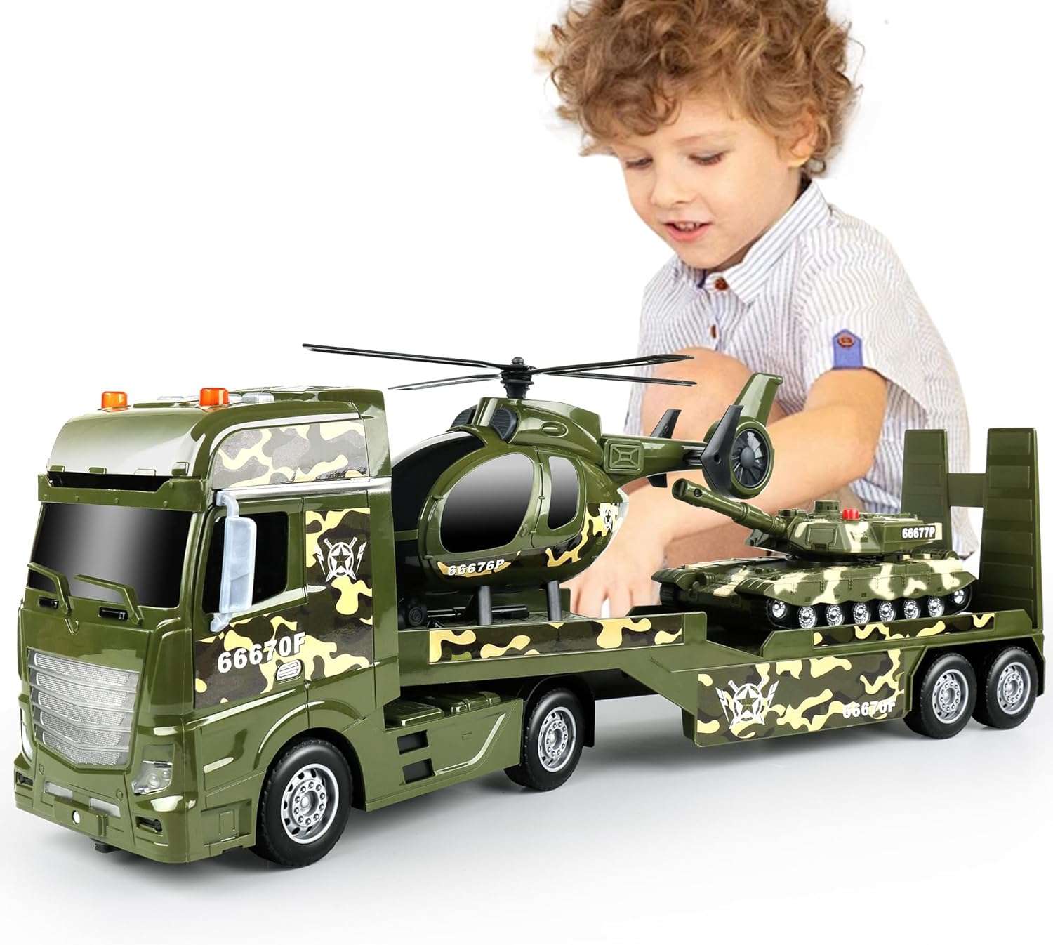 camión de transporte policial extralargo con helicóptero y auto de carreras con luces para niños