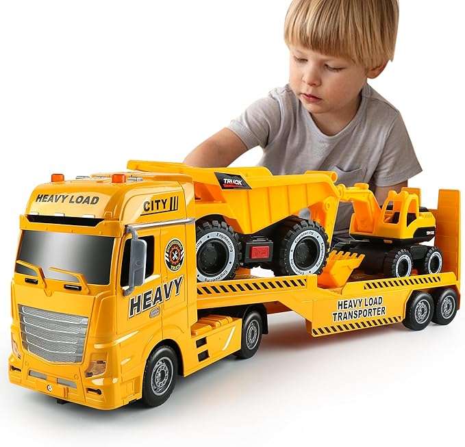 camión de transporte policial extralargo con helicóptero y auto de carreras con luces para niños