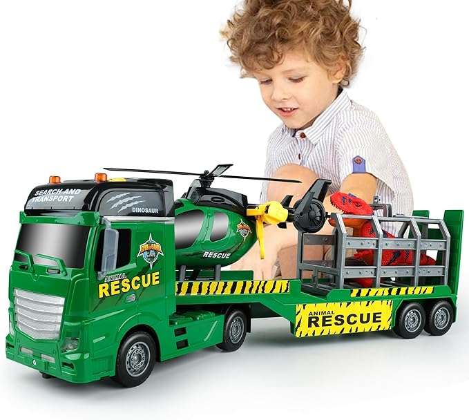camión de transporte policial extralargo con helicóptero y auto de carreras con luces para niños