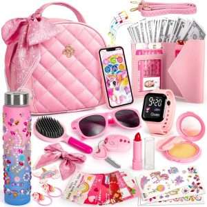 bolso de juguete para niñas con maquillaje falso, teléfono, cartera y botella de unicornio
