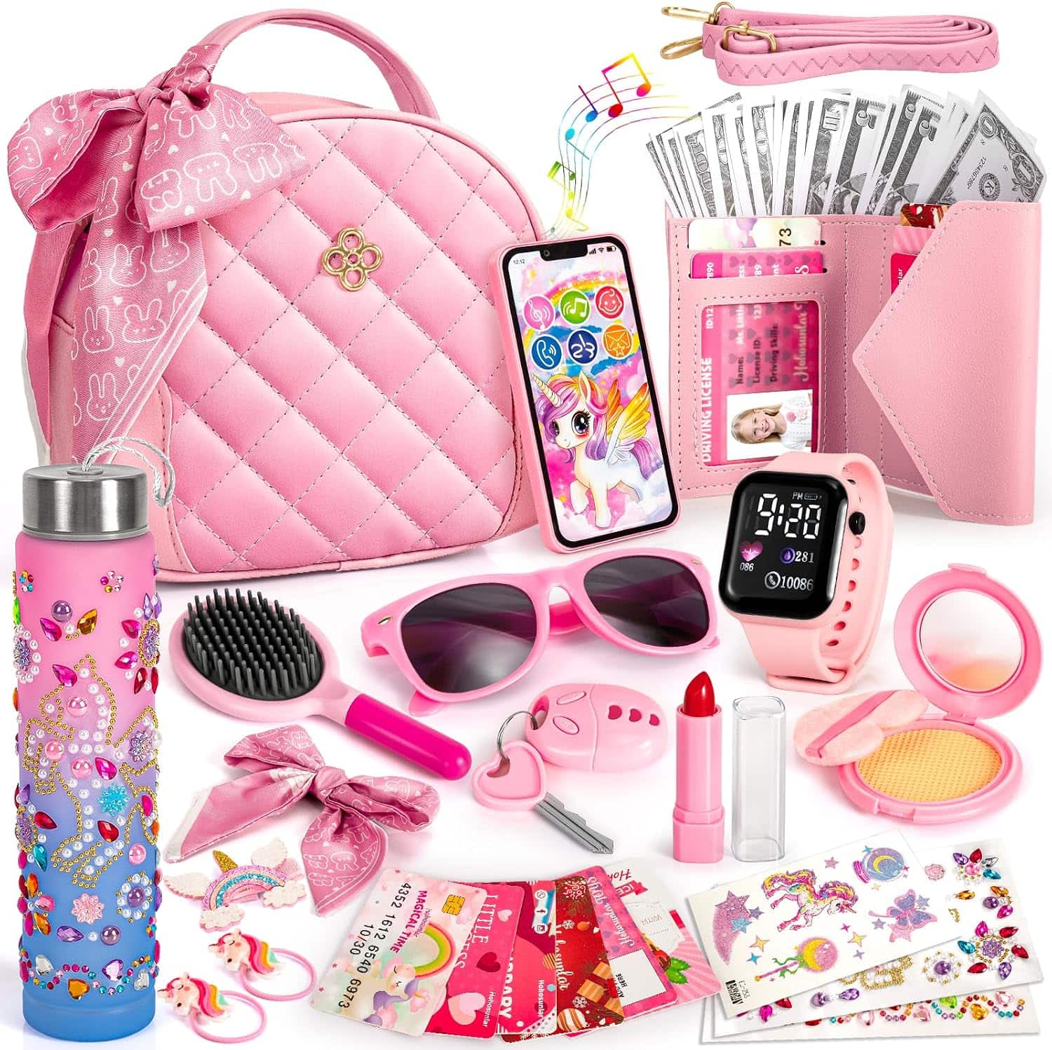 bolso de juguete para niñas con maquillaje falso, teléfono, cartera y botella de unicornio