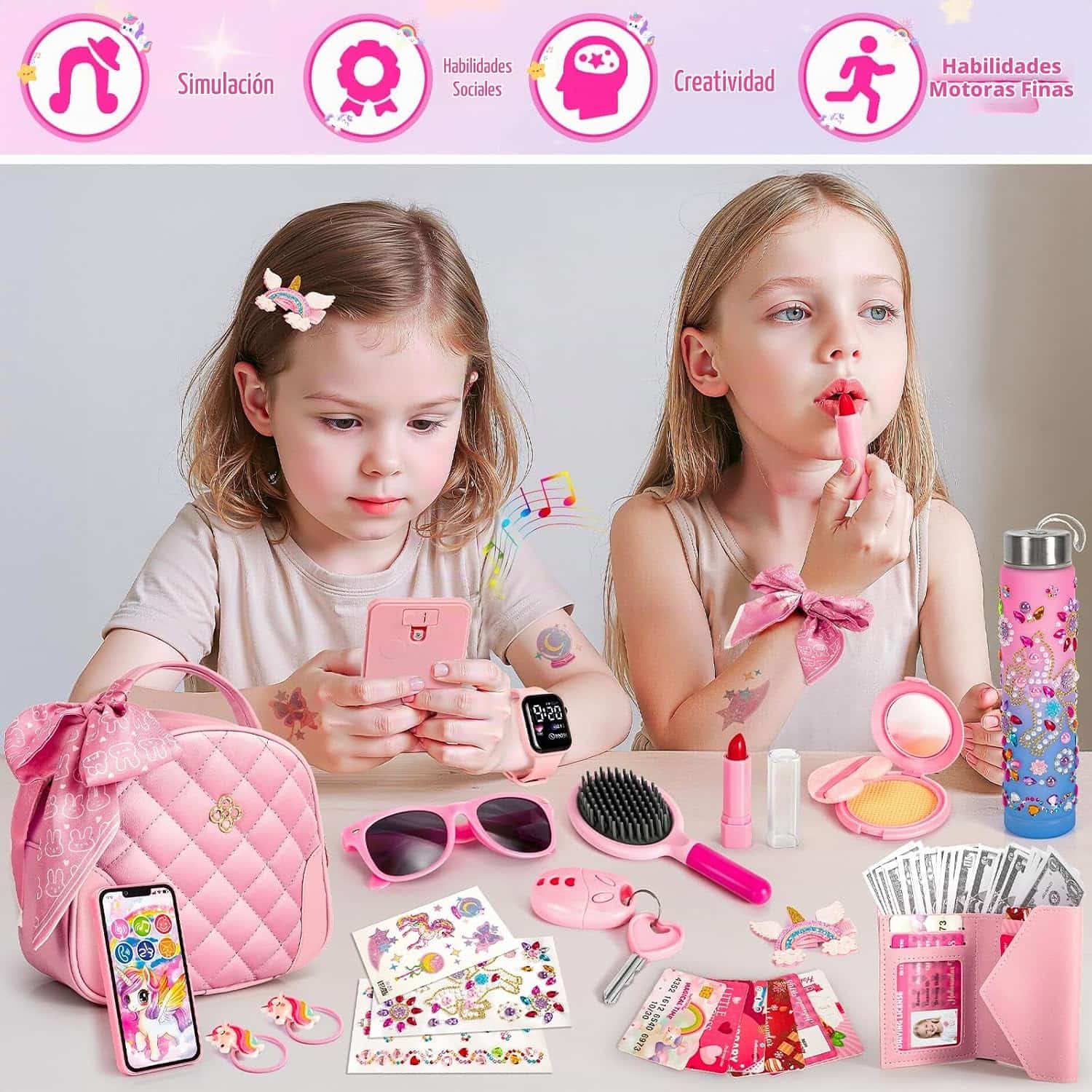 bolso de juguete para niñas con maquillaje falso, teléfono, cartera y botella de unicornio