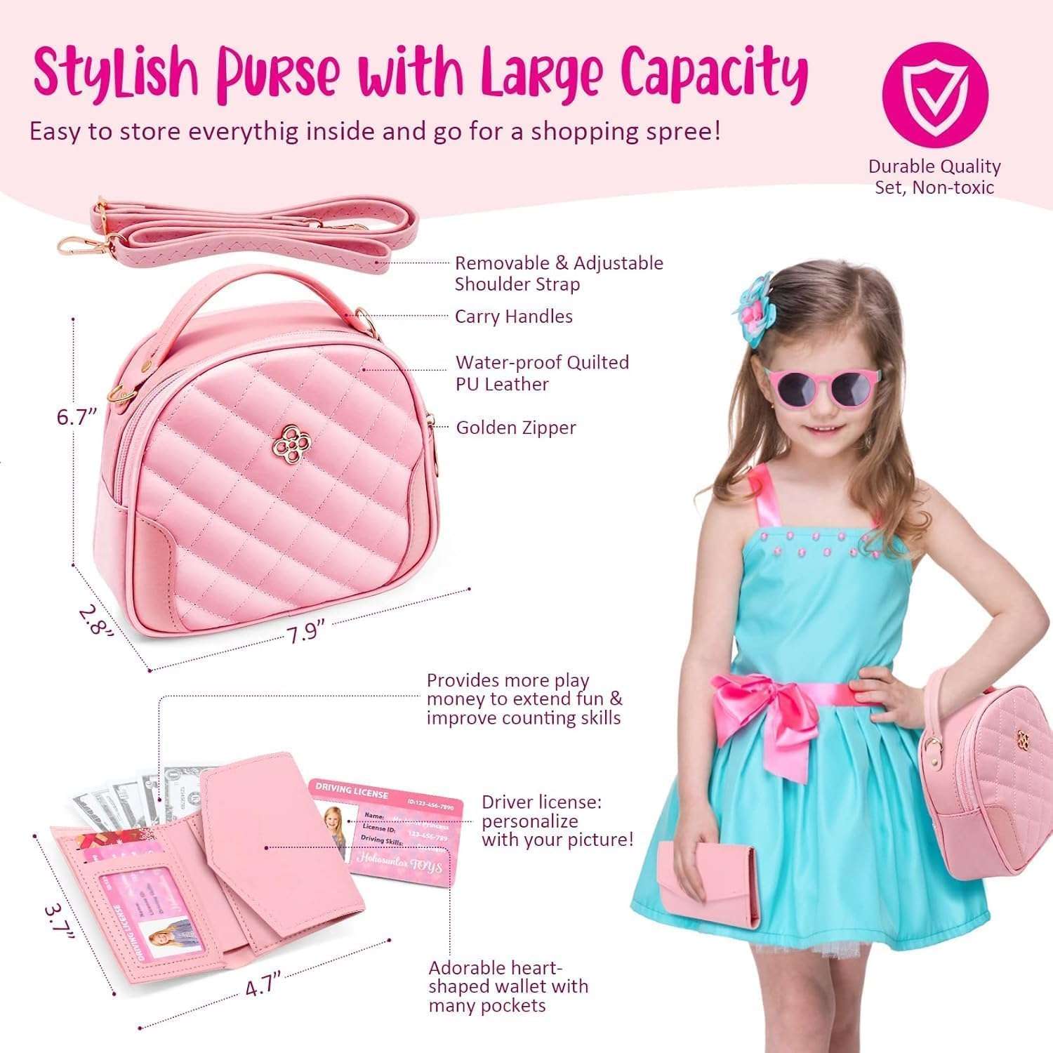 bolso de juguete para niñas con maquillaje falso, teléfono, cartera y botella de unicornio
