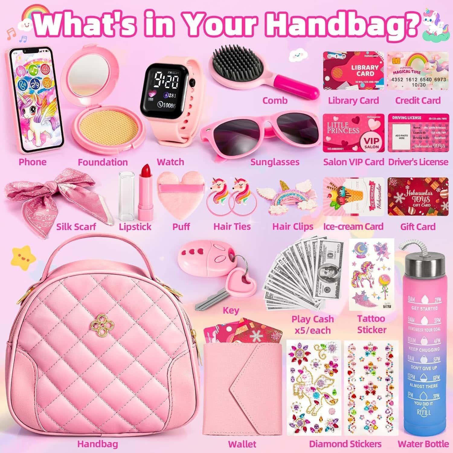 bolso de juguete para niñas con maquillaje falso, teléfono, cartera y botella de unicornio