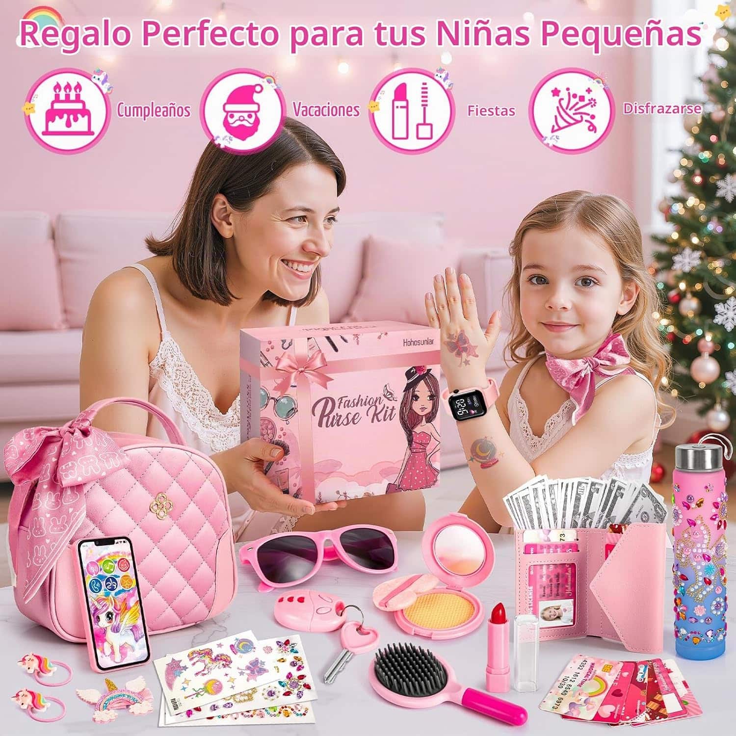 bolso de juguete para niñas con maquillaje falso, teléfono, cartera y botella de unicornio