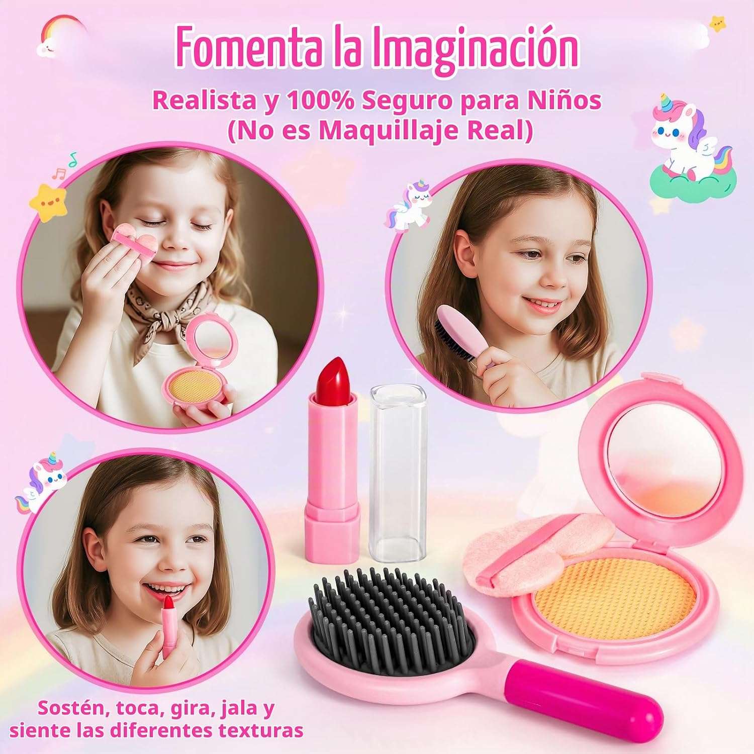 bolso de juguete para niñas con maquillaje falso, teléfono, cartera y botella de unicornio