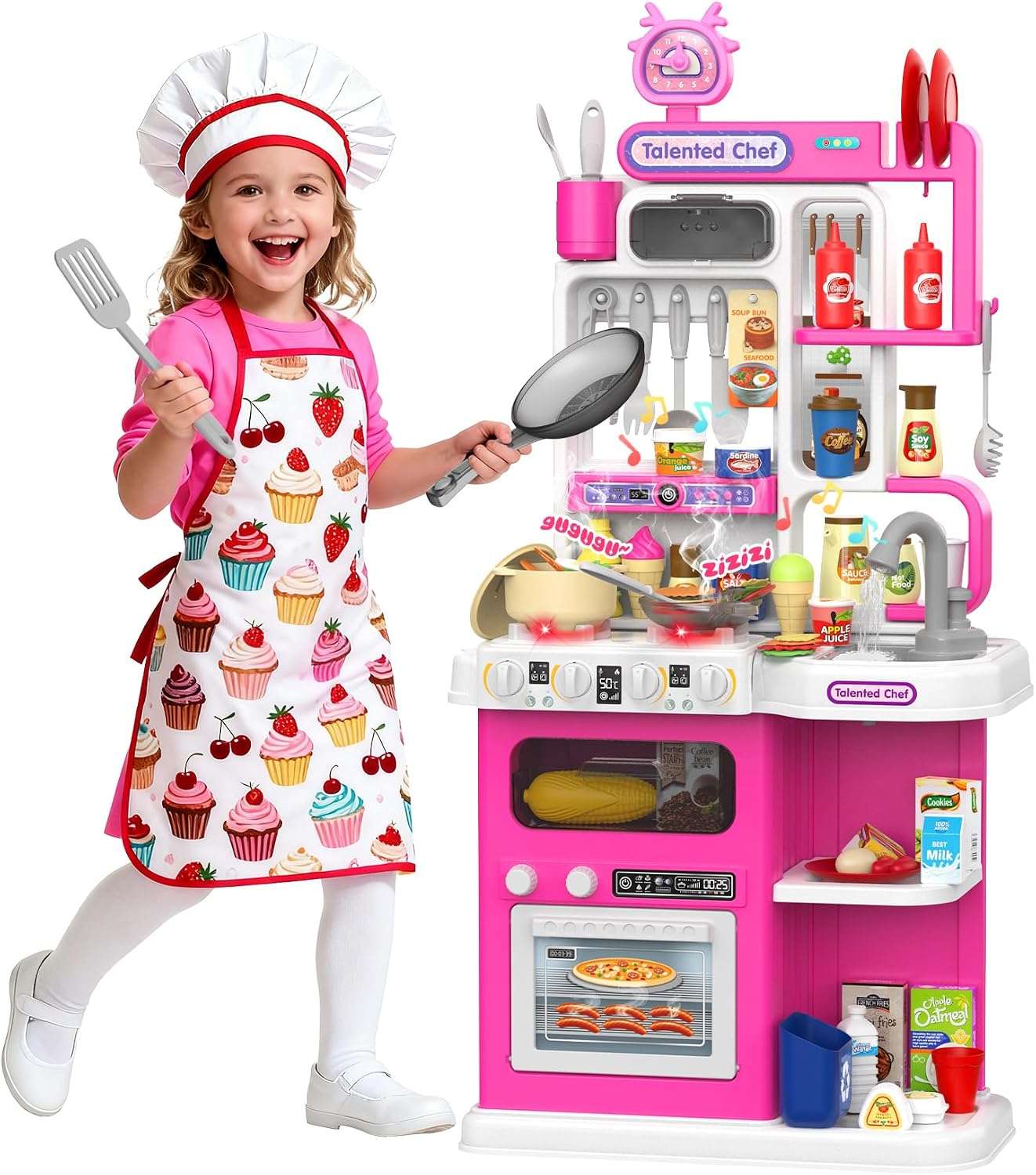 cocina de juguete rosa con vapor real, luces, sonidos y fregadero de agua