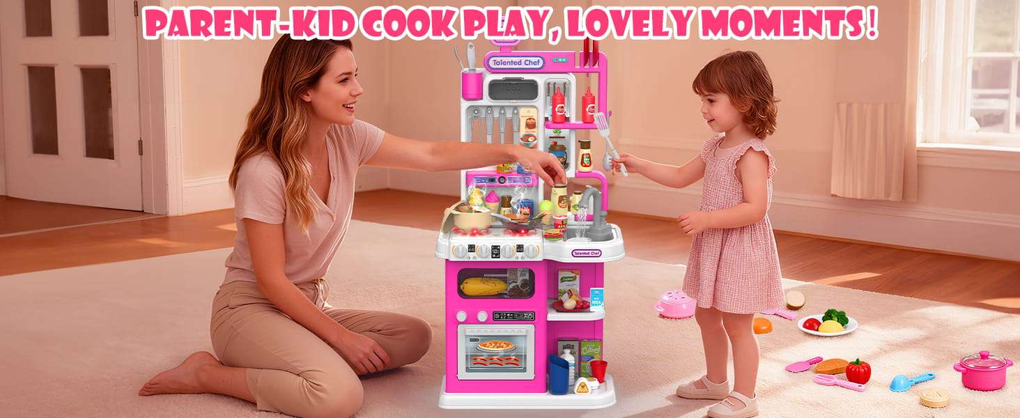 cocina de juguete rosa con vapor real, luces, sonidos y fregadero de agua