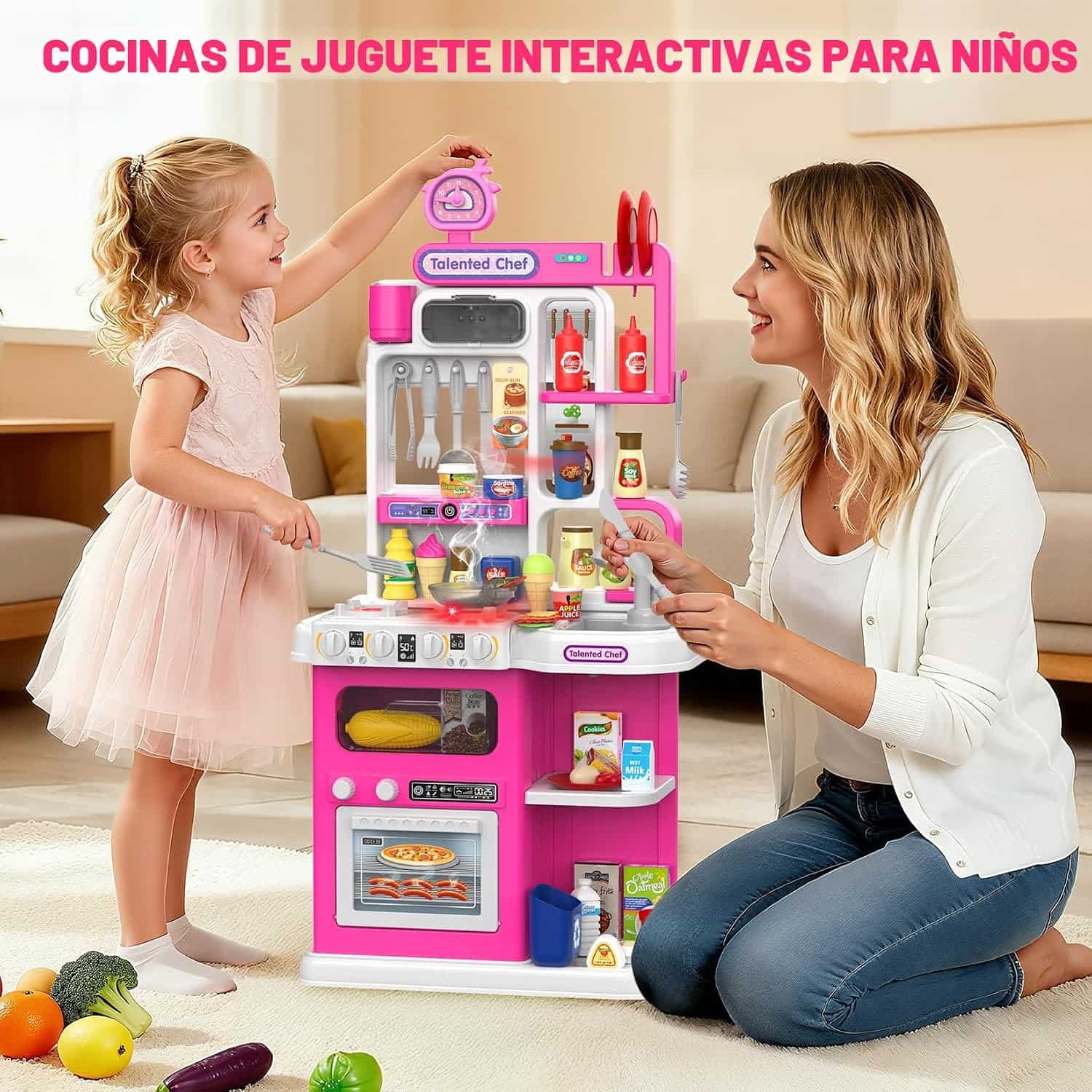 cocina de juguete rosa con vapor real, luces, sonidos y fregadero de agua