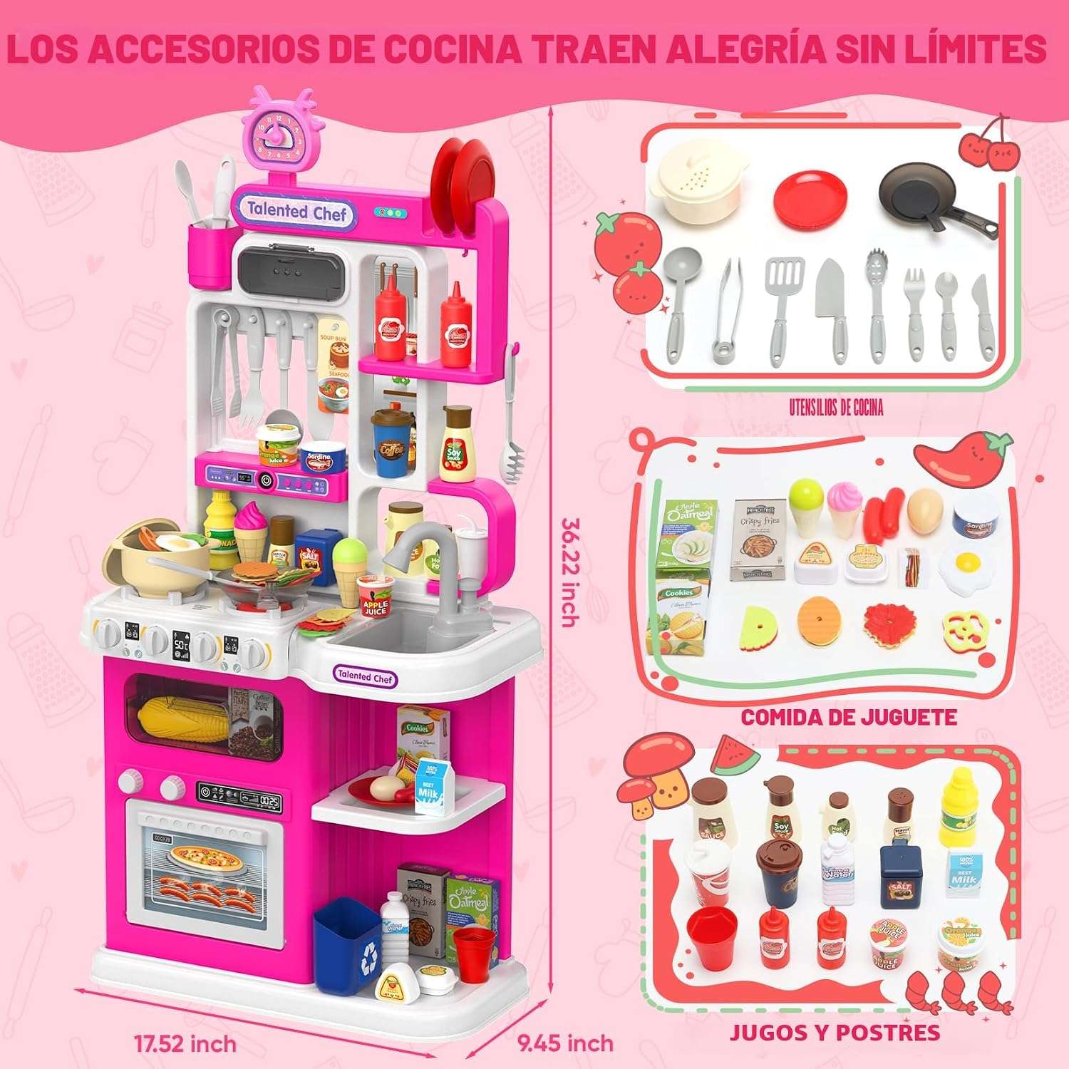 cocina de juguete rosa con vapor real, luces, sonidos y fregadero de agua