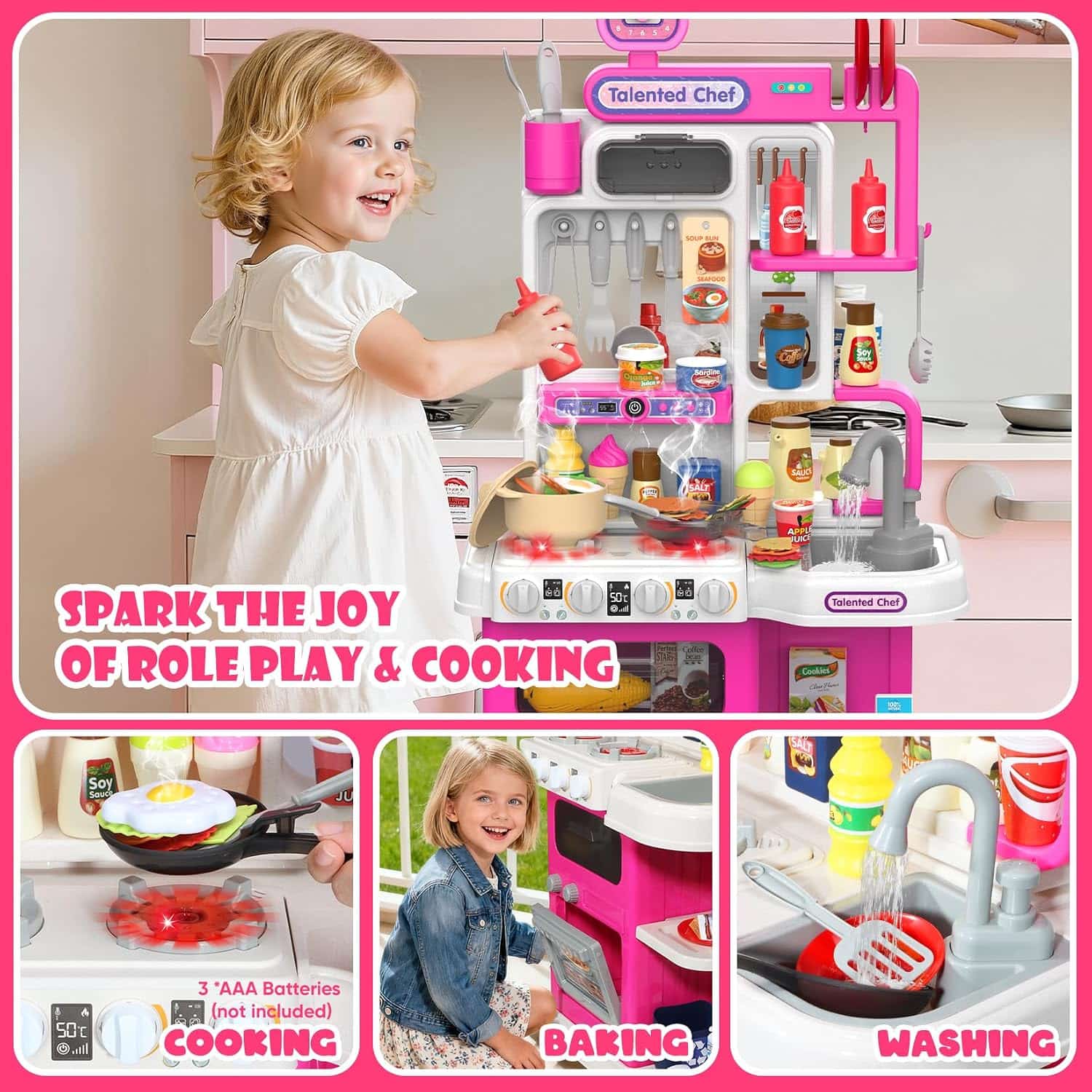 cocina de juguete rosa con vapor real, luces, sonidos y fregadero de agua