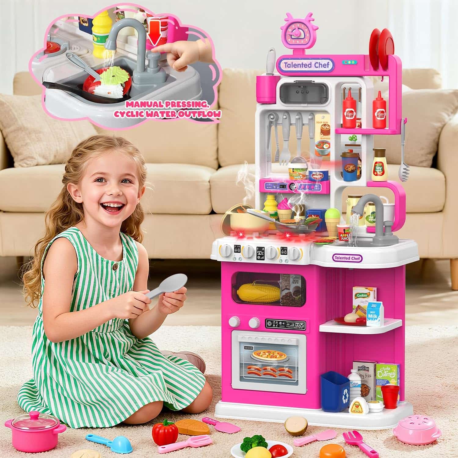 cocina de juguete rosa con vapor real, luces, sonidos y fregadero de agua