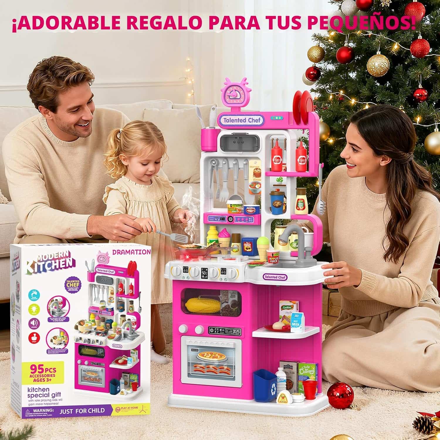 cocina de juguete rosa con vapor real, luces, sonidos y fregadero de agua