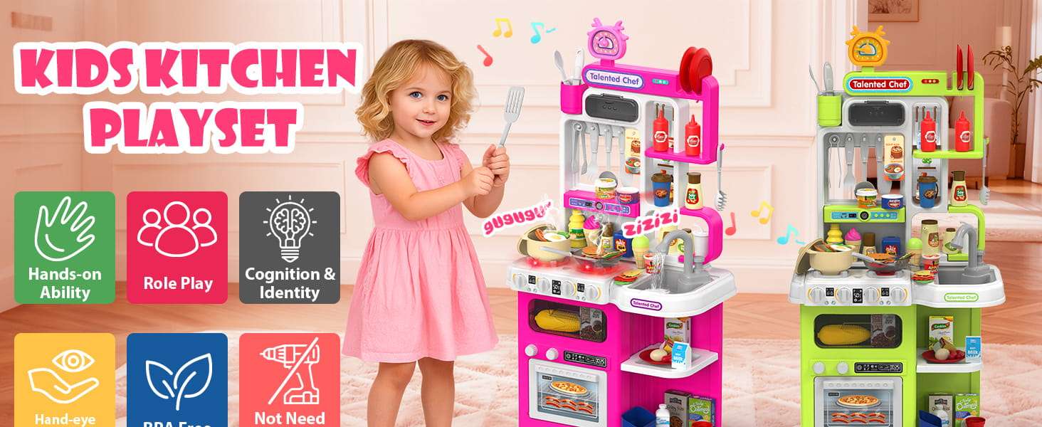 cocina de juguete rosa con vapor real, luces, sonidos y fregadero de agua