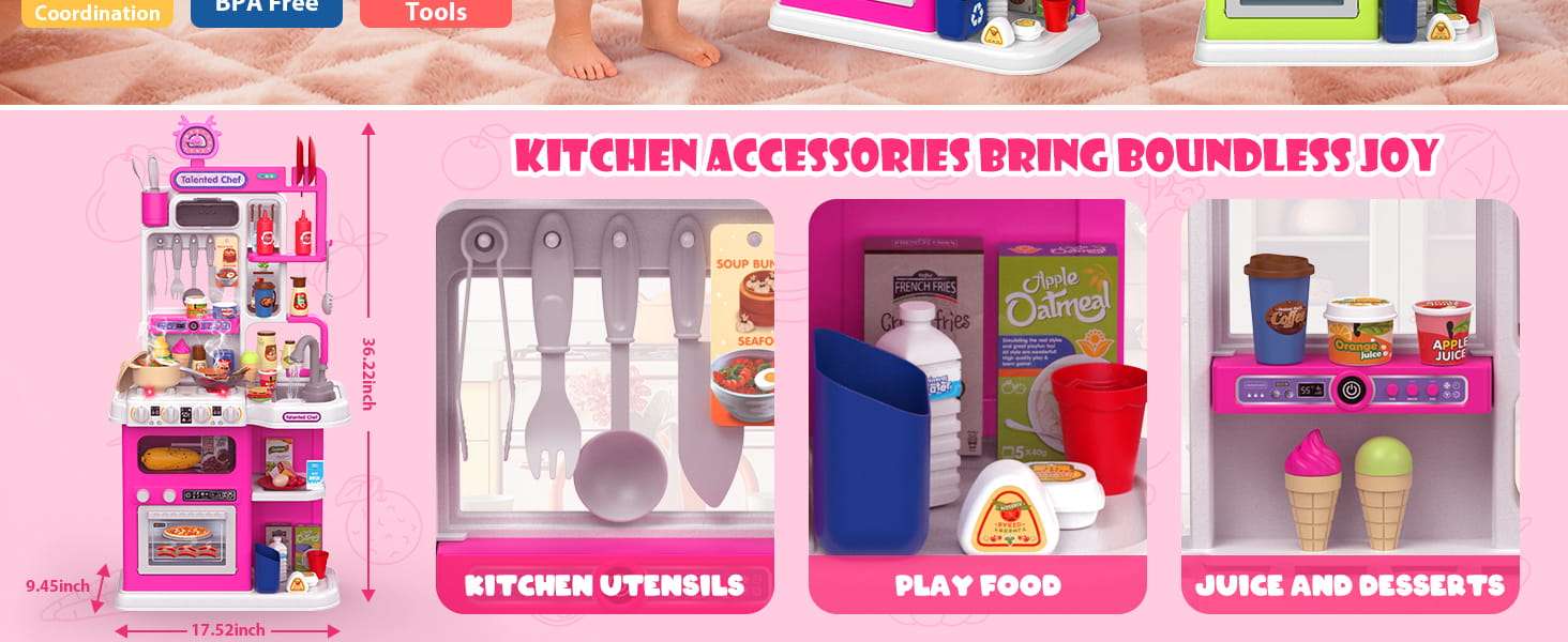 cocina de juguete rosa con vapor real, luces, sonidos y fregadero de agua